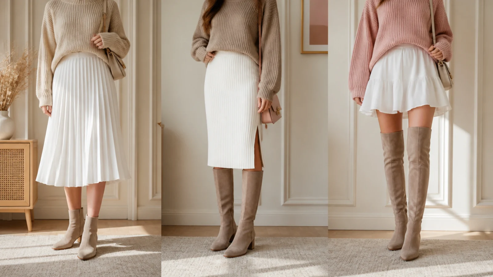 Faceless comparison of ankle, knee-high and over-the-knee boots matched to different white skirt lengths