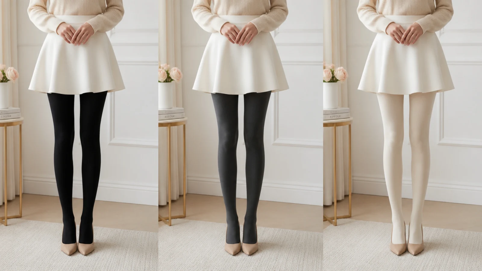 Faceless comparison of black, charcoal gray and cream opaque tights worn under a white winter skirt