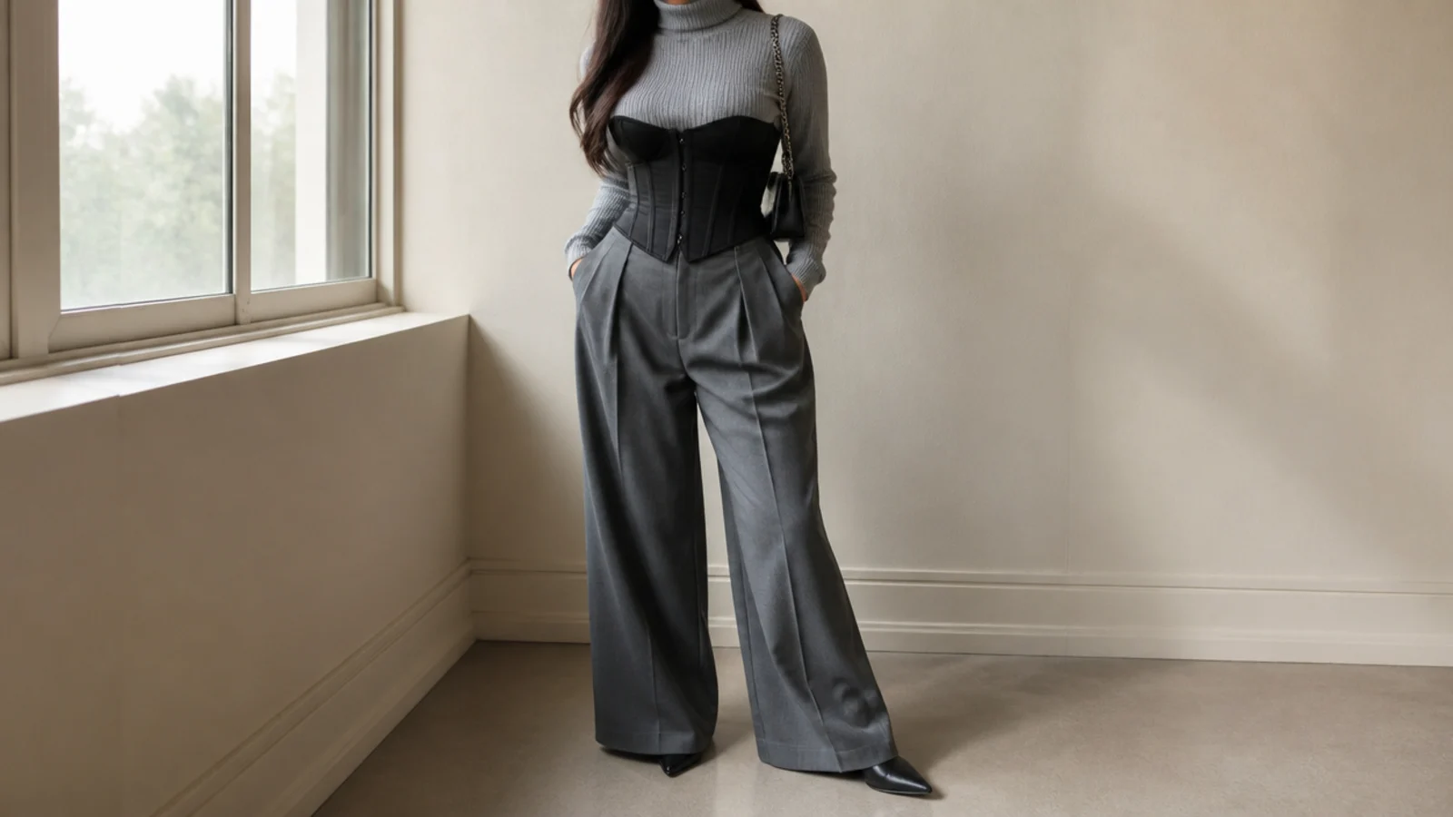 Faceless waist-up winter outfit with a black corset over a gray turtleneck and wide-leg trousers