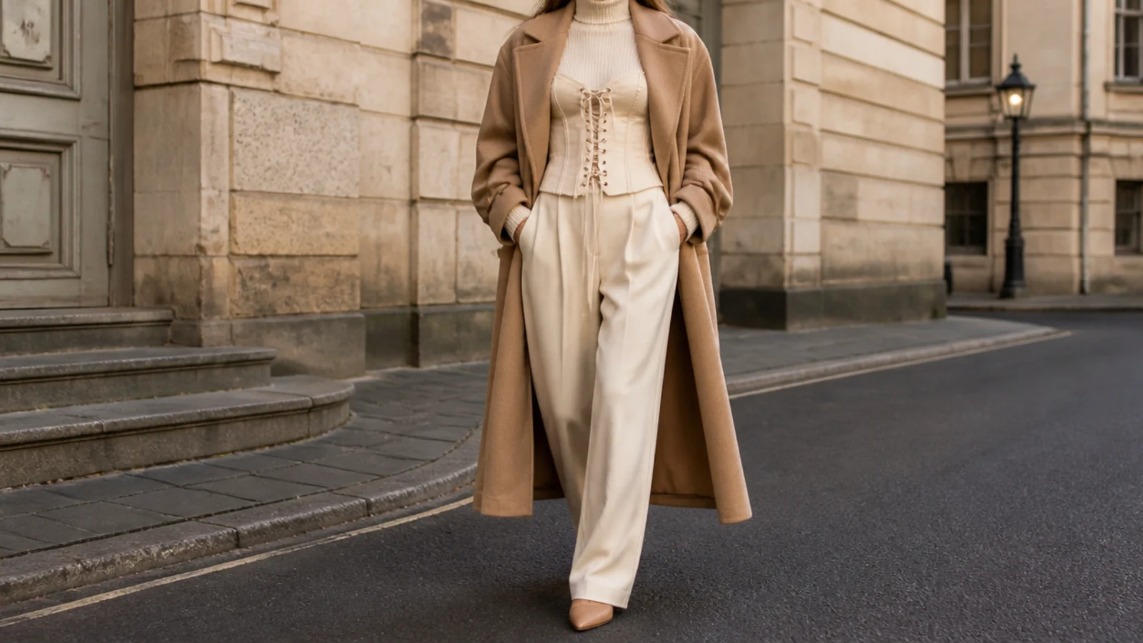 Faceless outfit with a corset over a turtleneck worn open under a longline camel wool coat