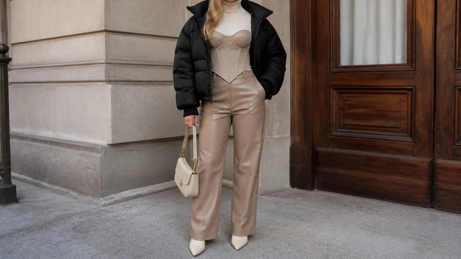 Faceless outfit with a corset over a turtleneck, faux-leather pants and a cropped black puffer coat