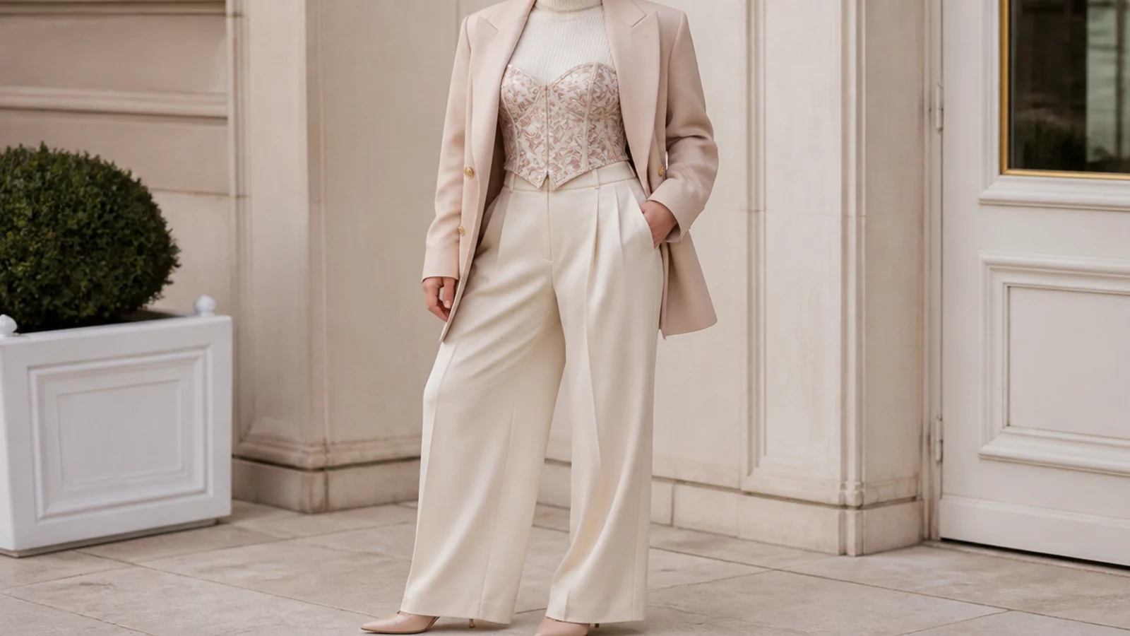 Faceless outfit with a jacquard brocade corset over a turtleneck with tailored trousers and a blazer
