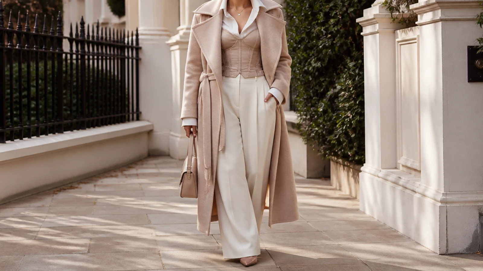 Faceless outfit with a corset over a white button-down shirt under a belted wool-blend trench coat