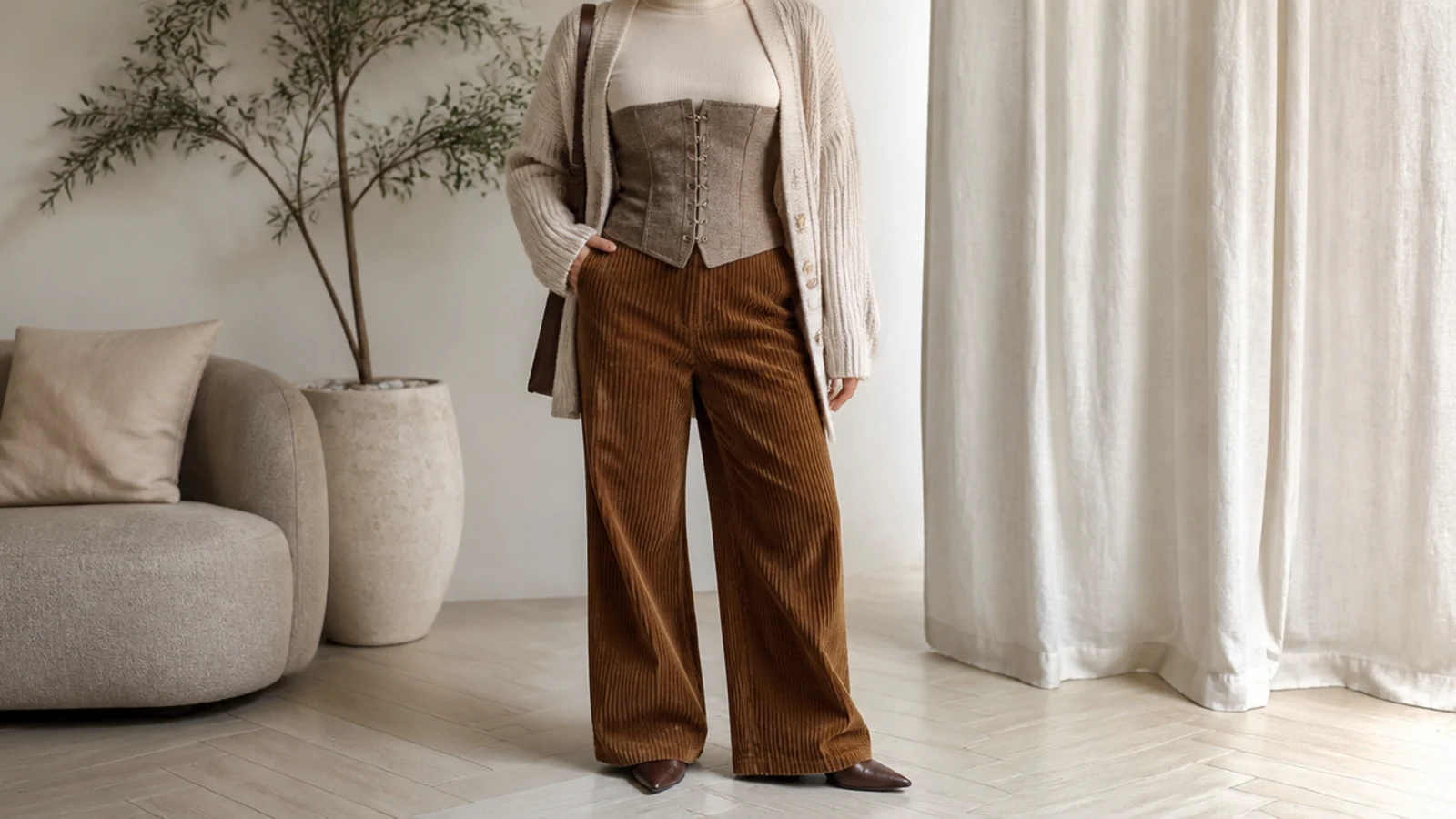 Faceless outfit with a corset over a turtleneck, an open oatmeal cardigan and brown corduroy trousers