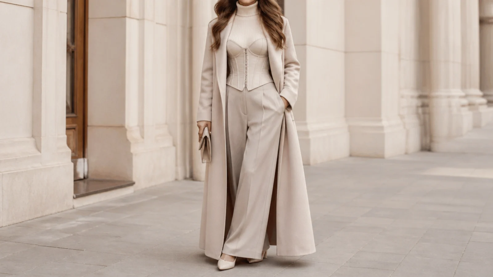 Faceless winter corset outfit with a corset layered over a turtleneck under a longline wool coat