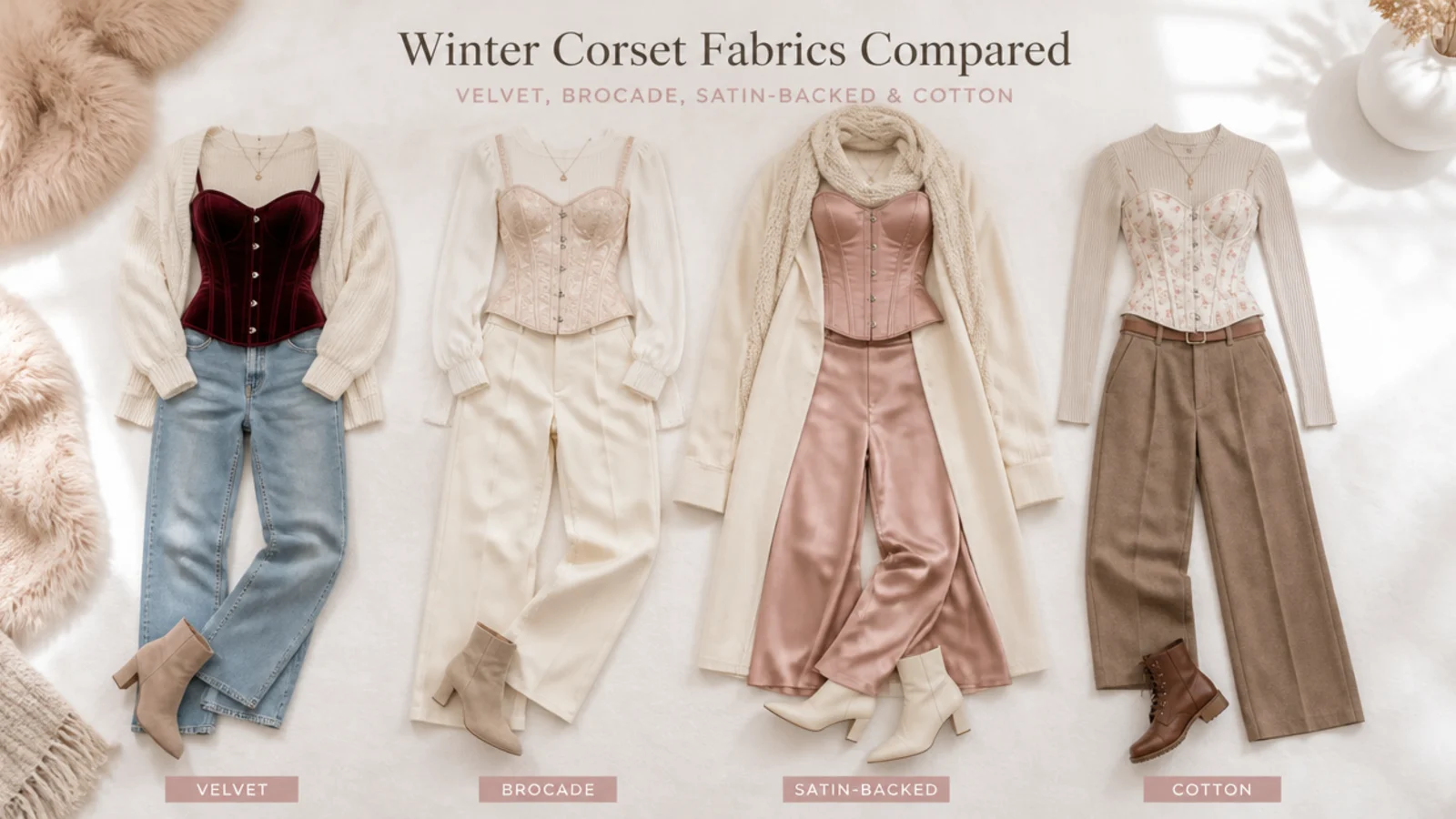 Faceless flat-lay comparing velvet, brocade, satin-backed and cotton corset tops for winter