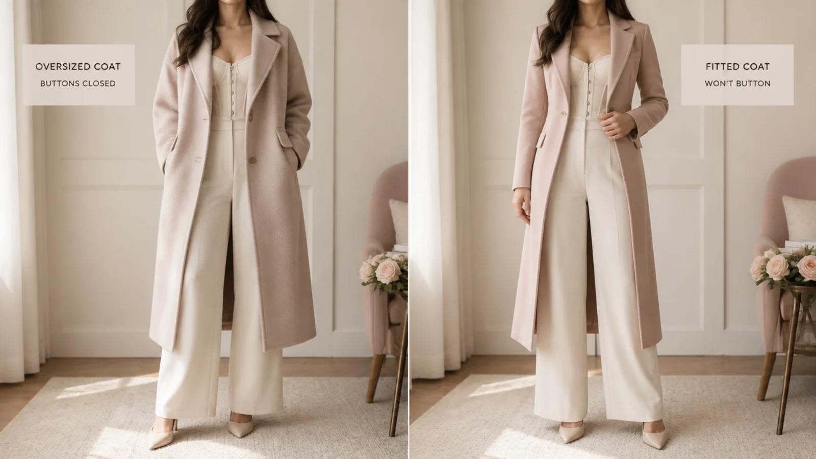 Faceless comparison of an oversized wool coat closing over a corset beside a fitted coat that will not button