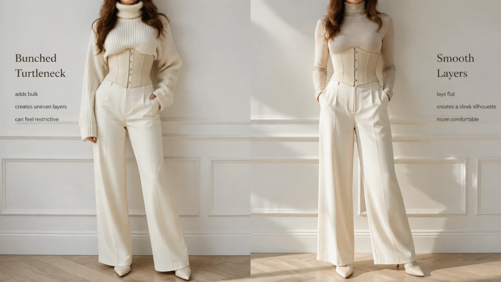 Faceless comparison of a bunched turtleneck under a corset beside a smooth flat-layered winter corset outfit