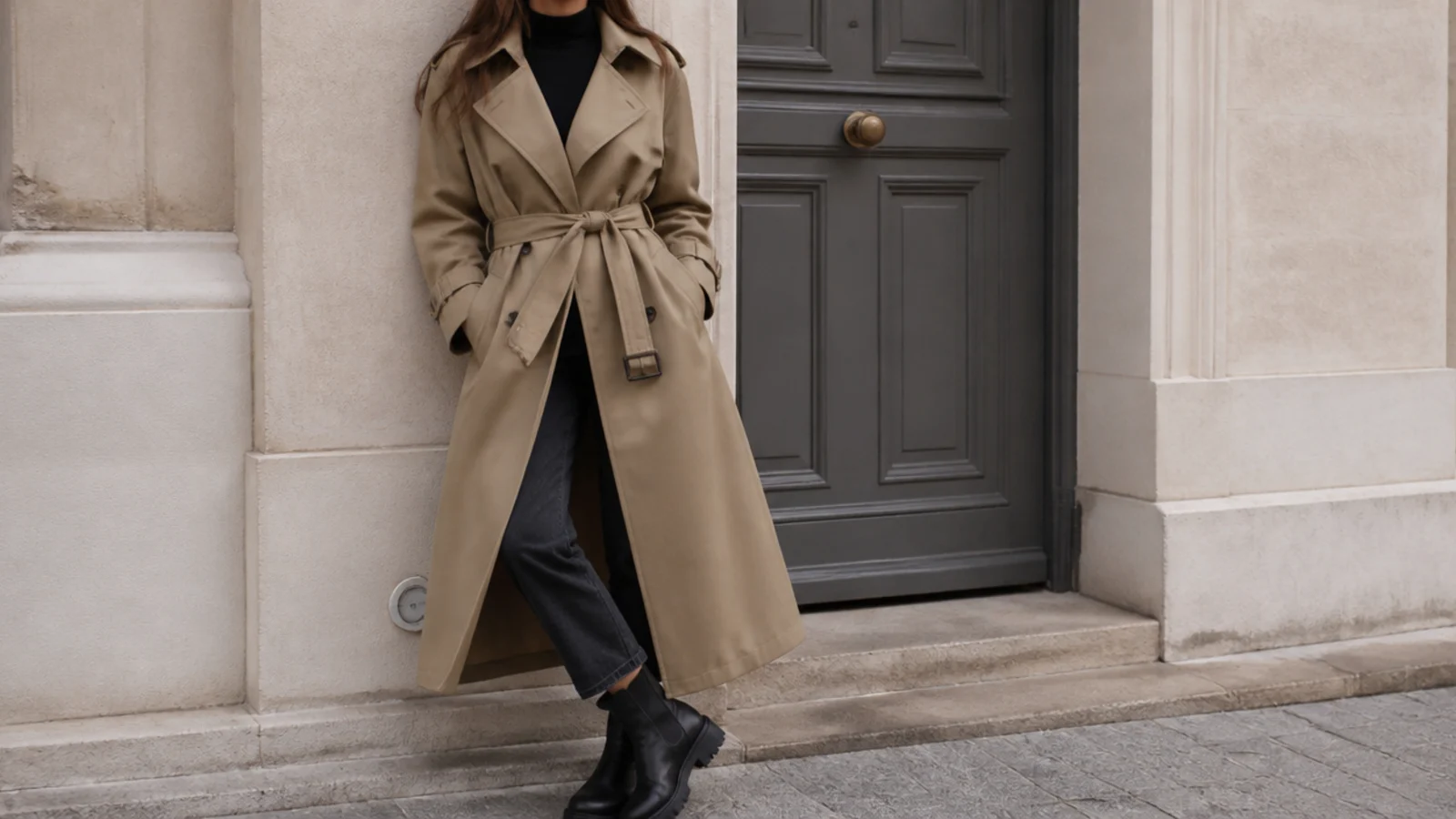 Faceless outfit with a belted khaki trench coat over a black turtleneck, dark straight jeans and lug-sole boots