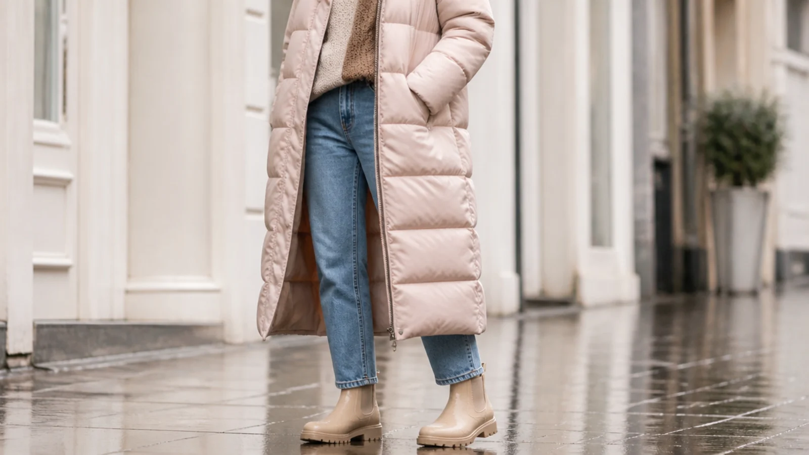 Faceless outfit with a long synthetic-fill puffer coat, straight jeans and waterproof Chelsea boots on a wet street