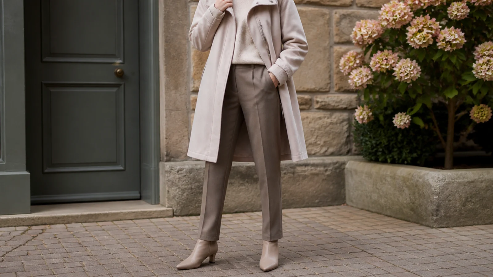 Faceless outfit with a knee-length waterproof car coat, tailored wool trousers and pointed waterproof boots