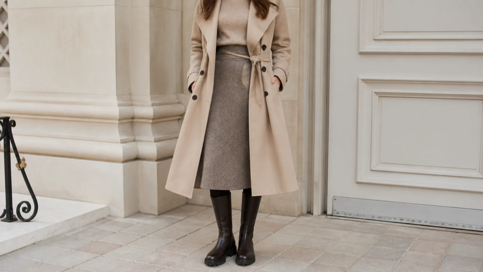 Faceless outfit with a wool midi skirt, opaque tights and lug-sole knee-high boots under a belted trench