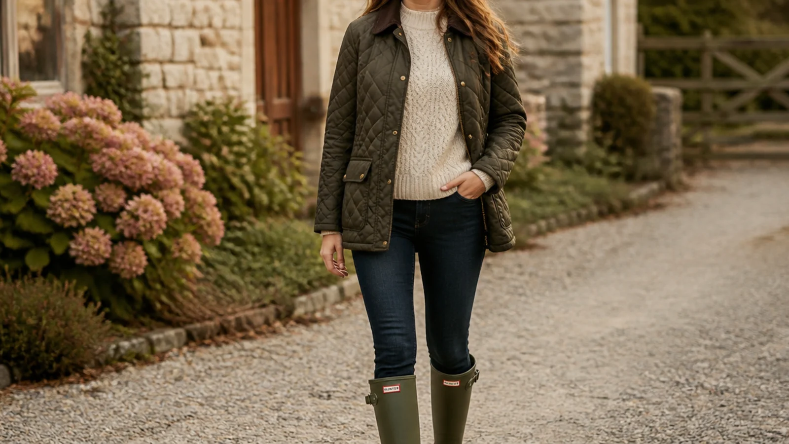 Faceless country outfit with a waxed quilted barn jacket, a cream cable knit, dark jeans and rubber boots