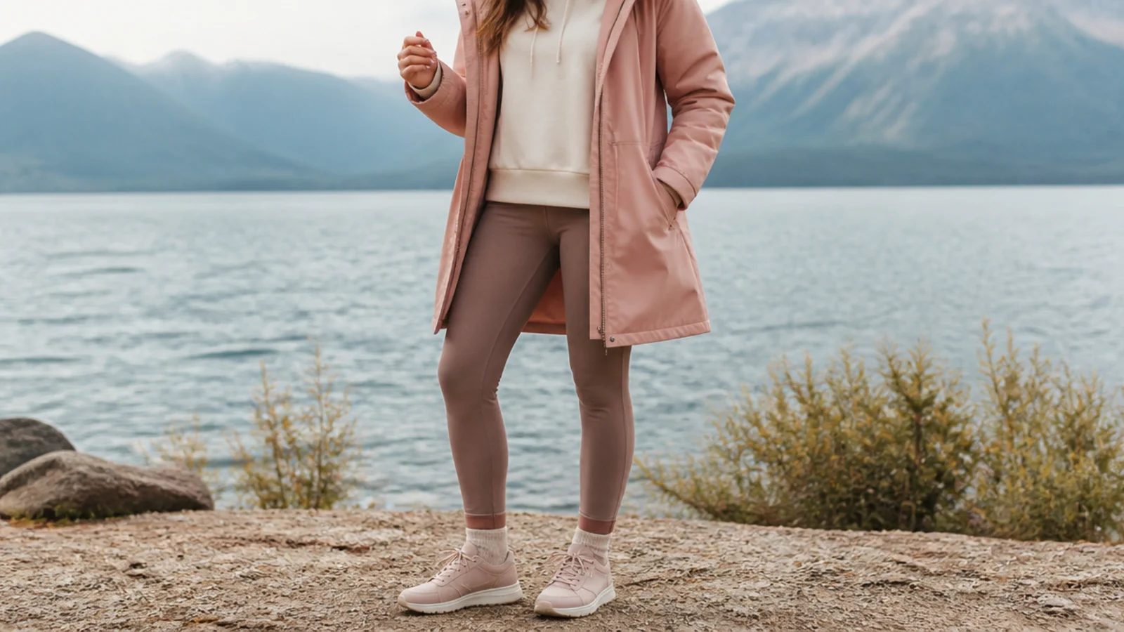 Faceless casual outfit with a long hooded rain parka, fleece-lined leggings and waterproof sneakers