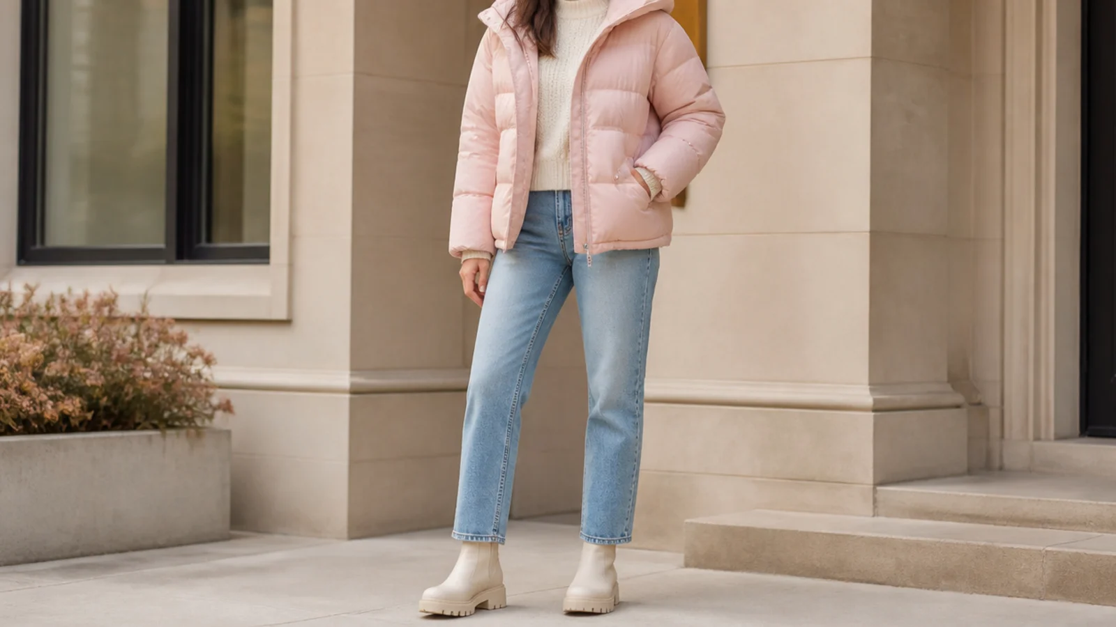 Faceless outfit with a hip-length water-resistant puffer, straight jeans and lug-sole ankle boots