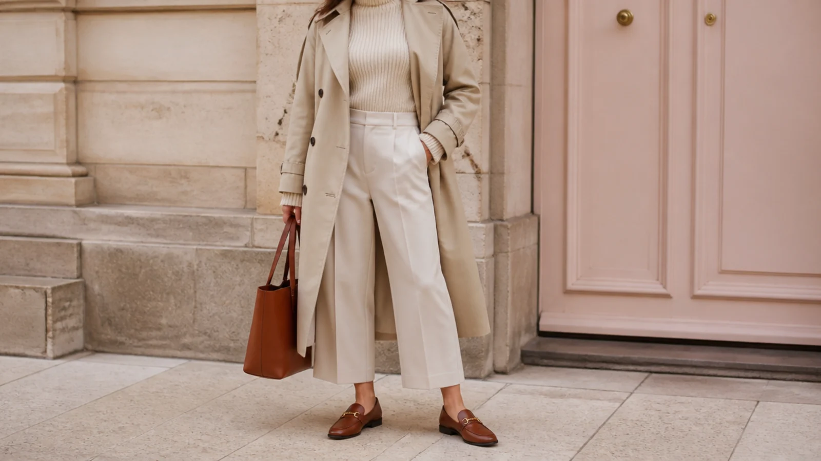 Faceless elegant outfit with a stone trench, a cashmere roll neck and cropped wide-leg trousers with loafers