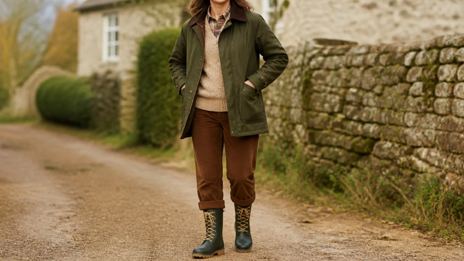 Faceless heritage outfit with an olive waxed cotton jacket, brown corduroy trousers and lace-up rain boots