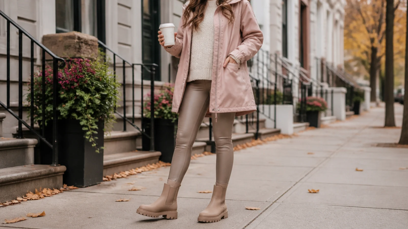 Faceless outfit with coated faux-leather leggings, an oversized sweater under a raincoat and lug-sole ankle boots