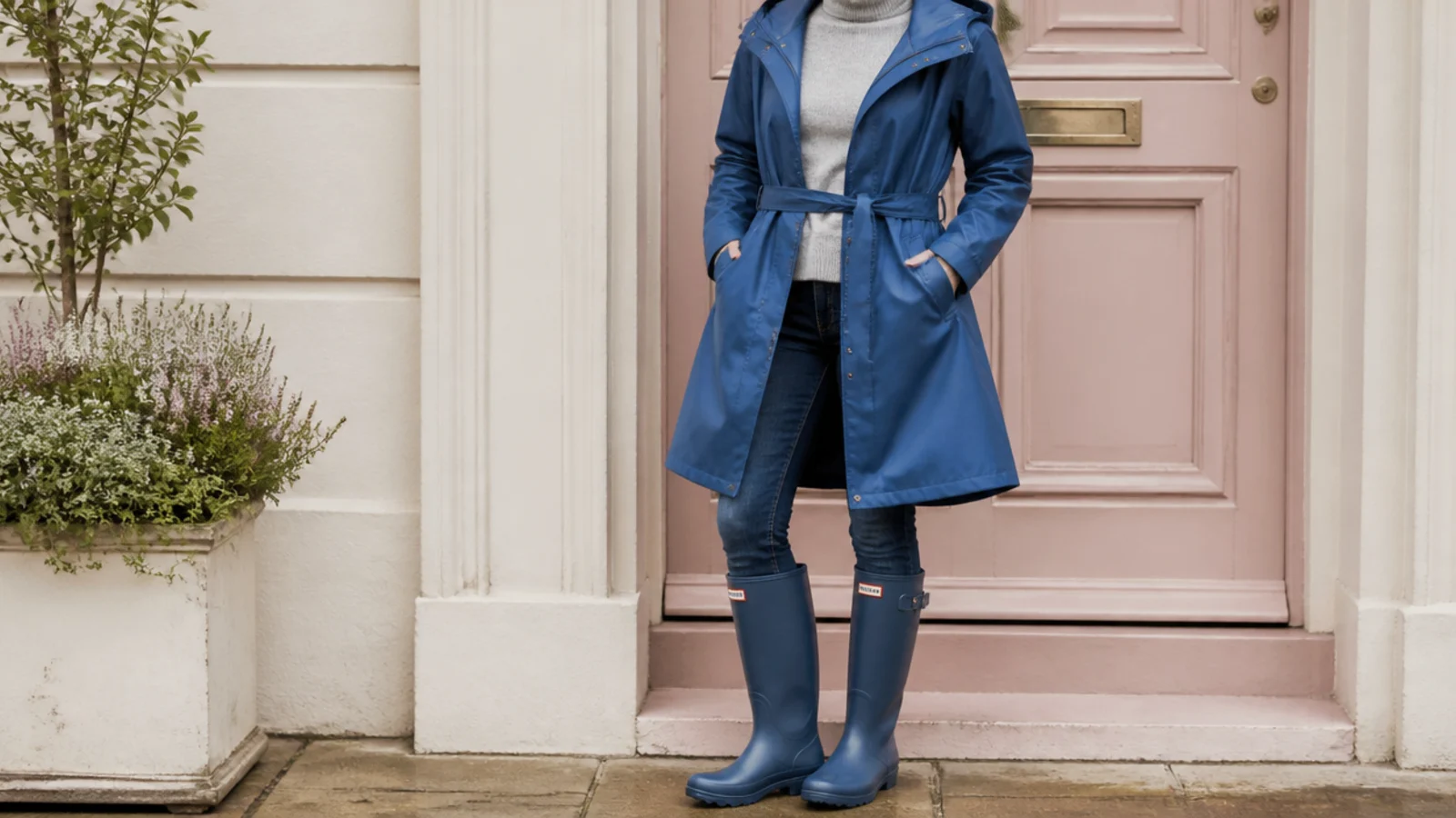 Faceless outfit with a cobalt belted raincoat, a gray turtleneck, dark jeans and matching waterproof boots