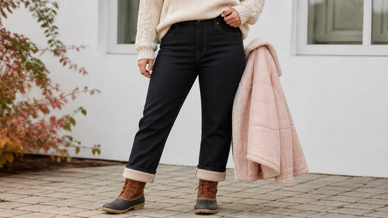 Faceless waist-down outfit showing fleece-lined tights layered under dark straight jeans with waterproof boots