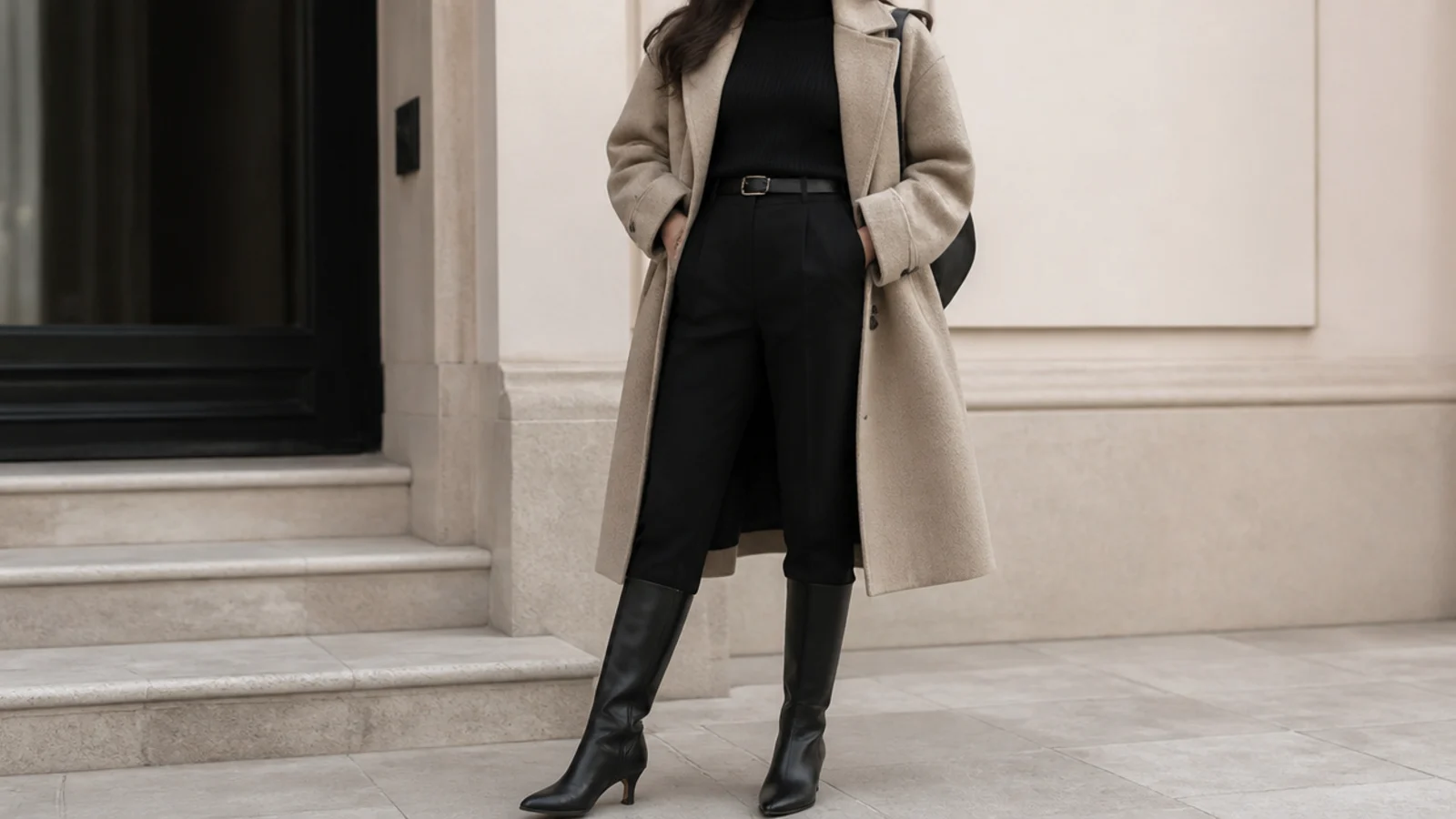 Faceless monochrome outfit with an oversized beige car coat, black turtleneck, black trousers and knee-high boots