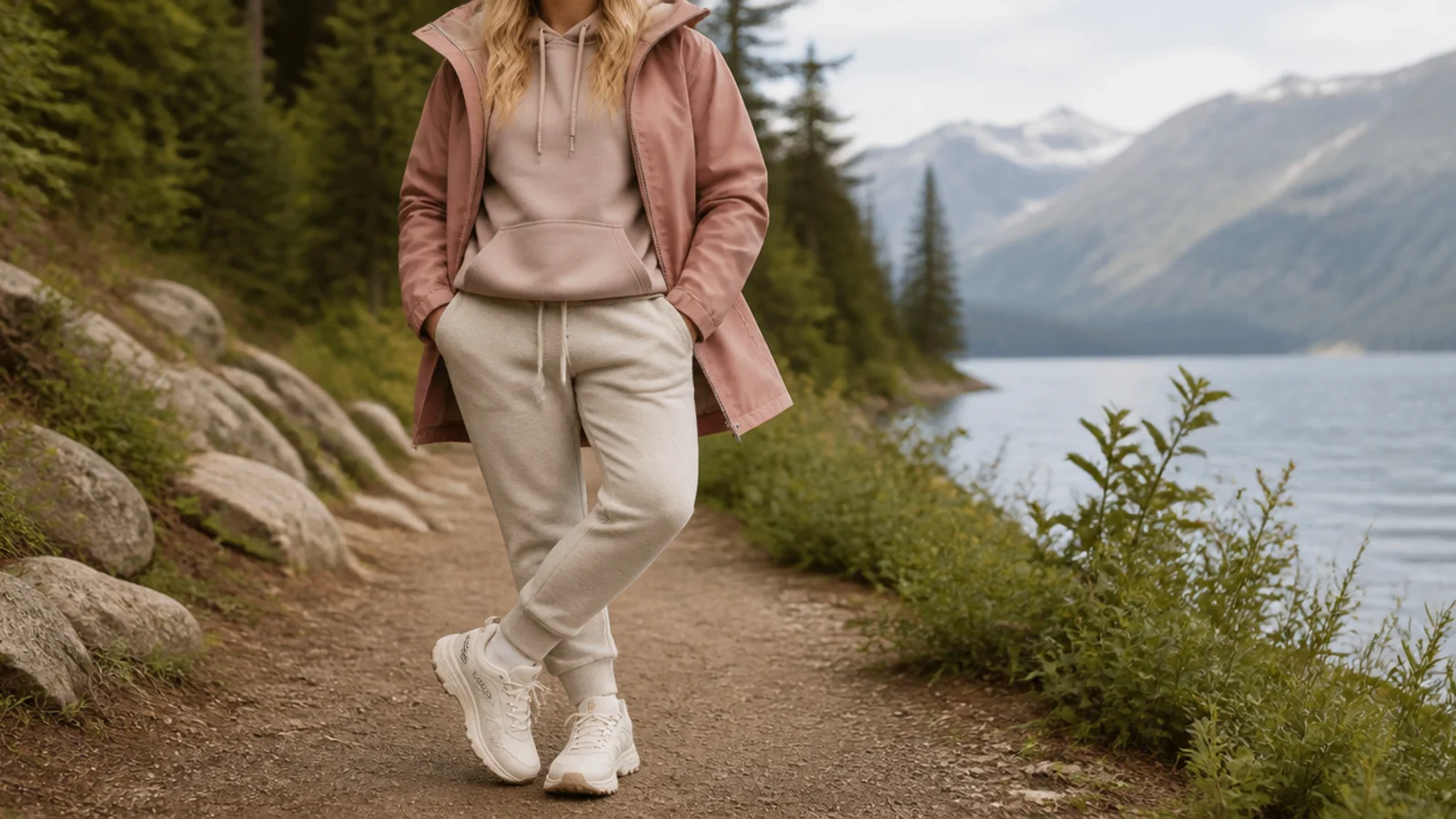 Faceless casual outfit with GORE-TEX waterproof sneakers, fleece-lined joggers, a hoodie and a rain shell