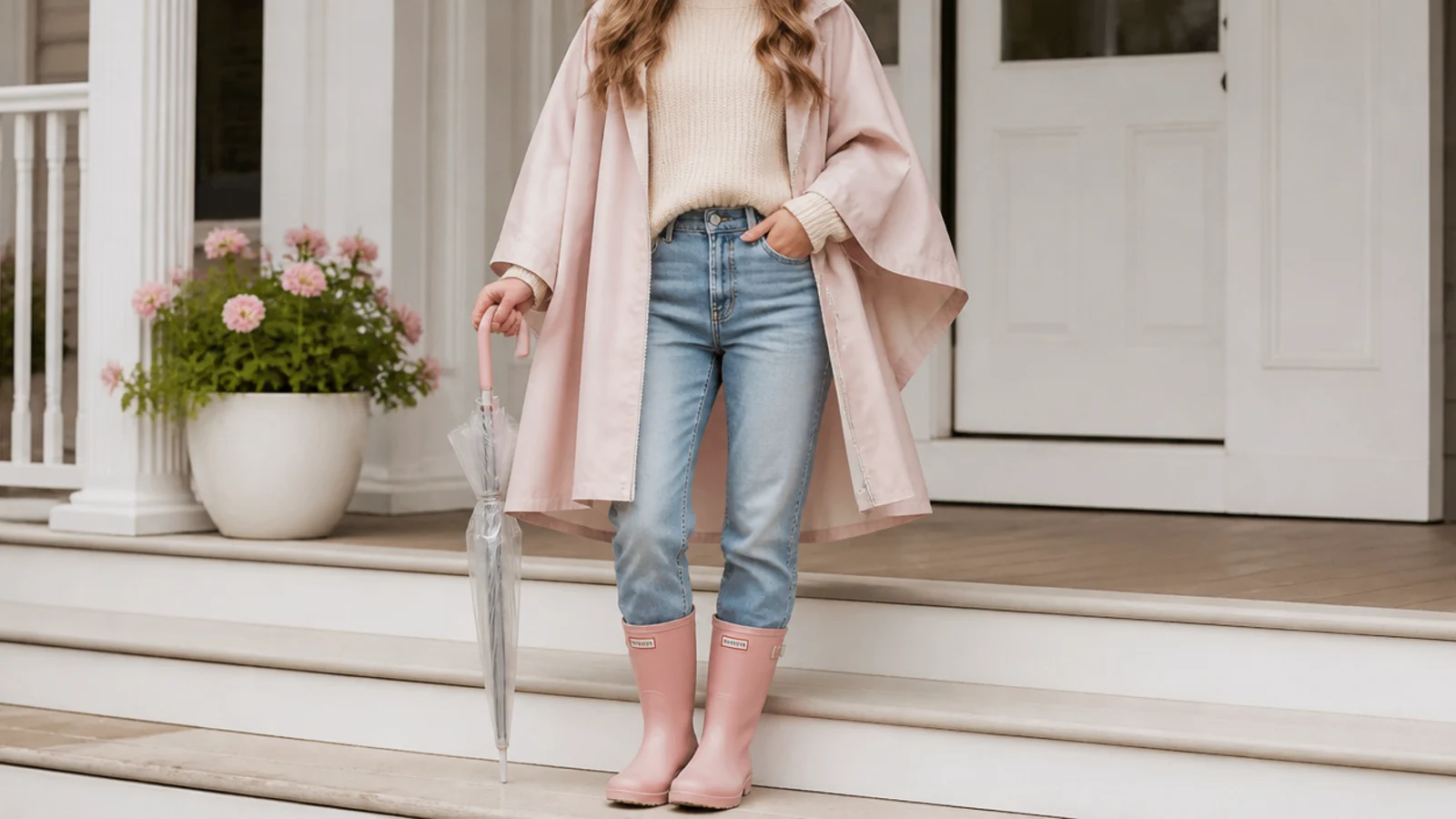 Faceless outfit with a waterproof rain cape over a chunky knit sweater, jeans and rain boots