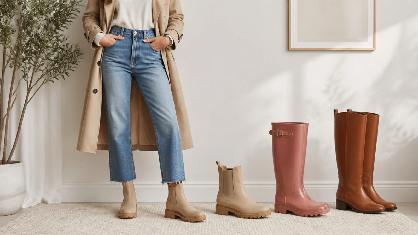 Faceless flat-lay of a waterproof lug-sole Chelsea boot, a tall rubber rain boot and a sealed leather knee boot