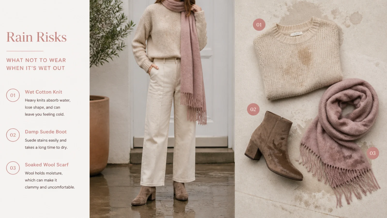 Faceless flat-lay of a wet cotton knit, a damp suede boot and a soaked wool scarf marked as rain risks