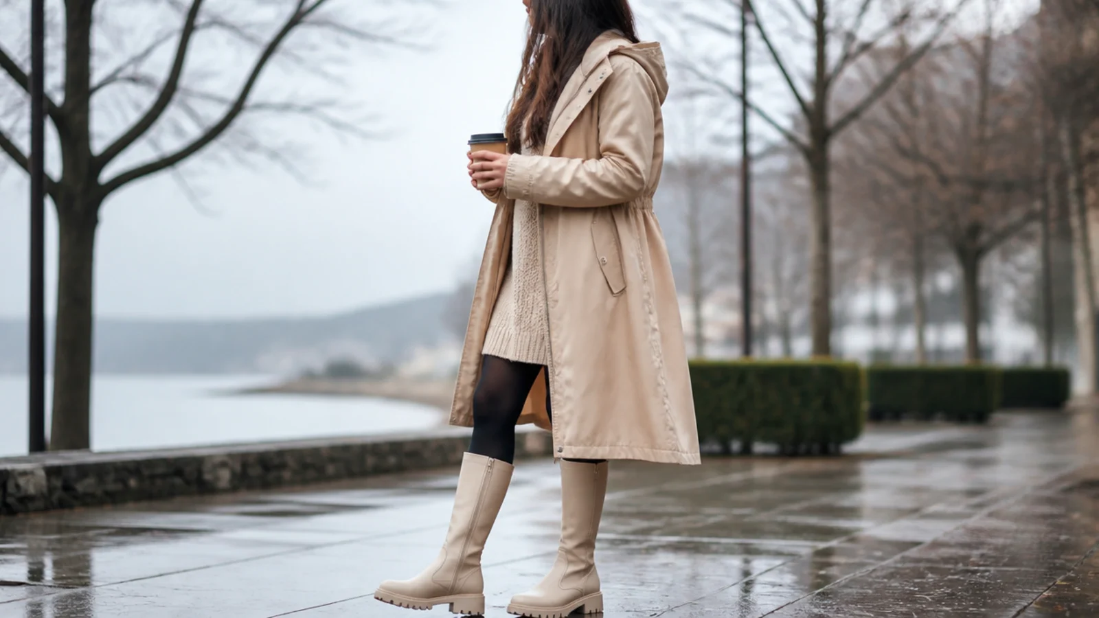 Faceless winter rainy day outfit with a long waterproof coat, tights and knee-high lug-sole boots