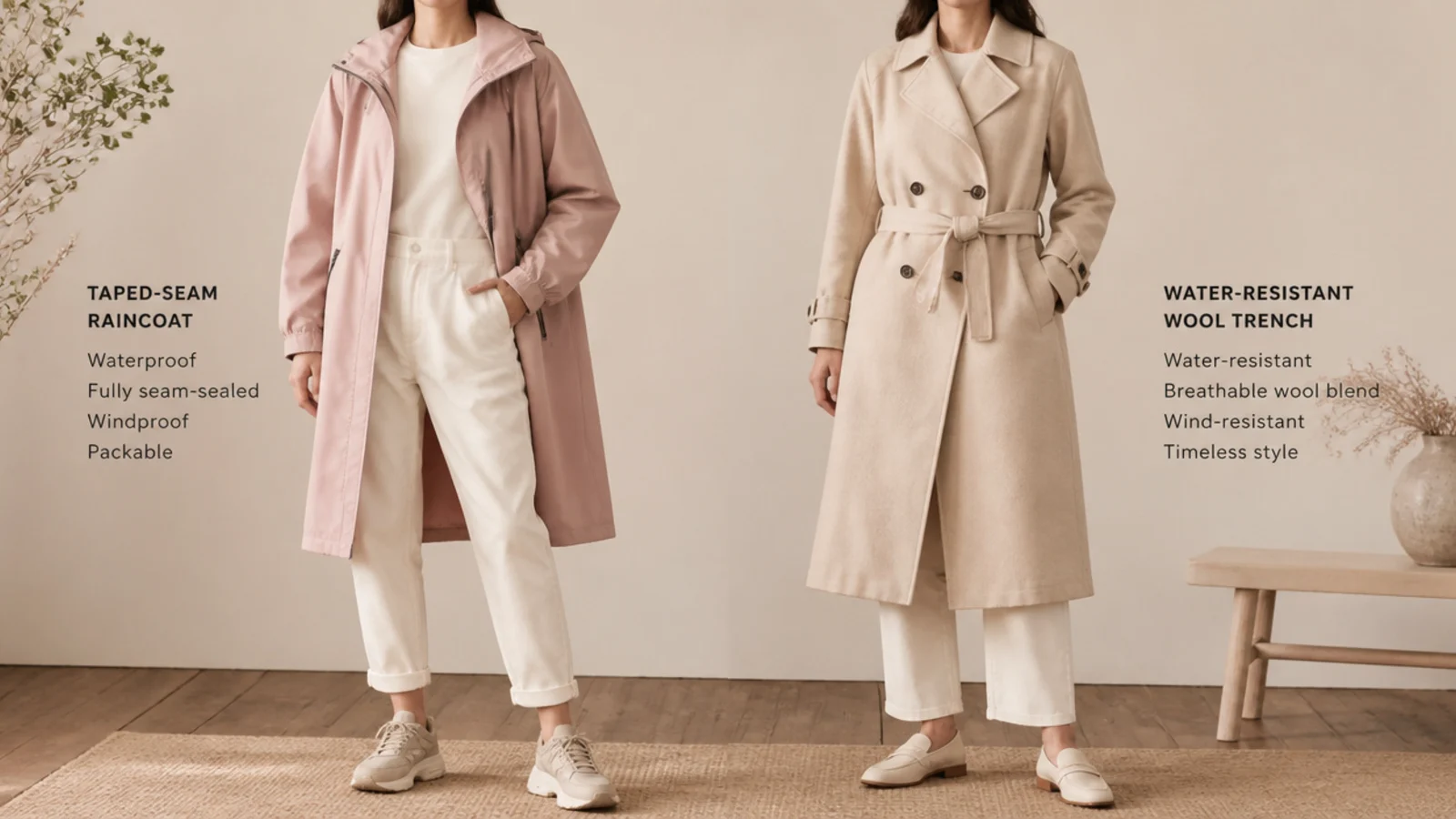 Faceless comparison of a taped-seam waterproof raincoat beside a water-resistant wool trench
