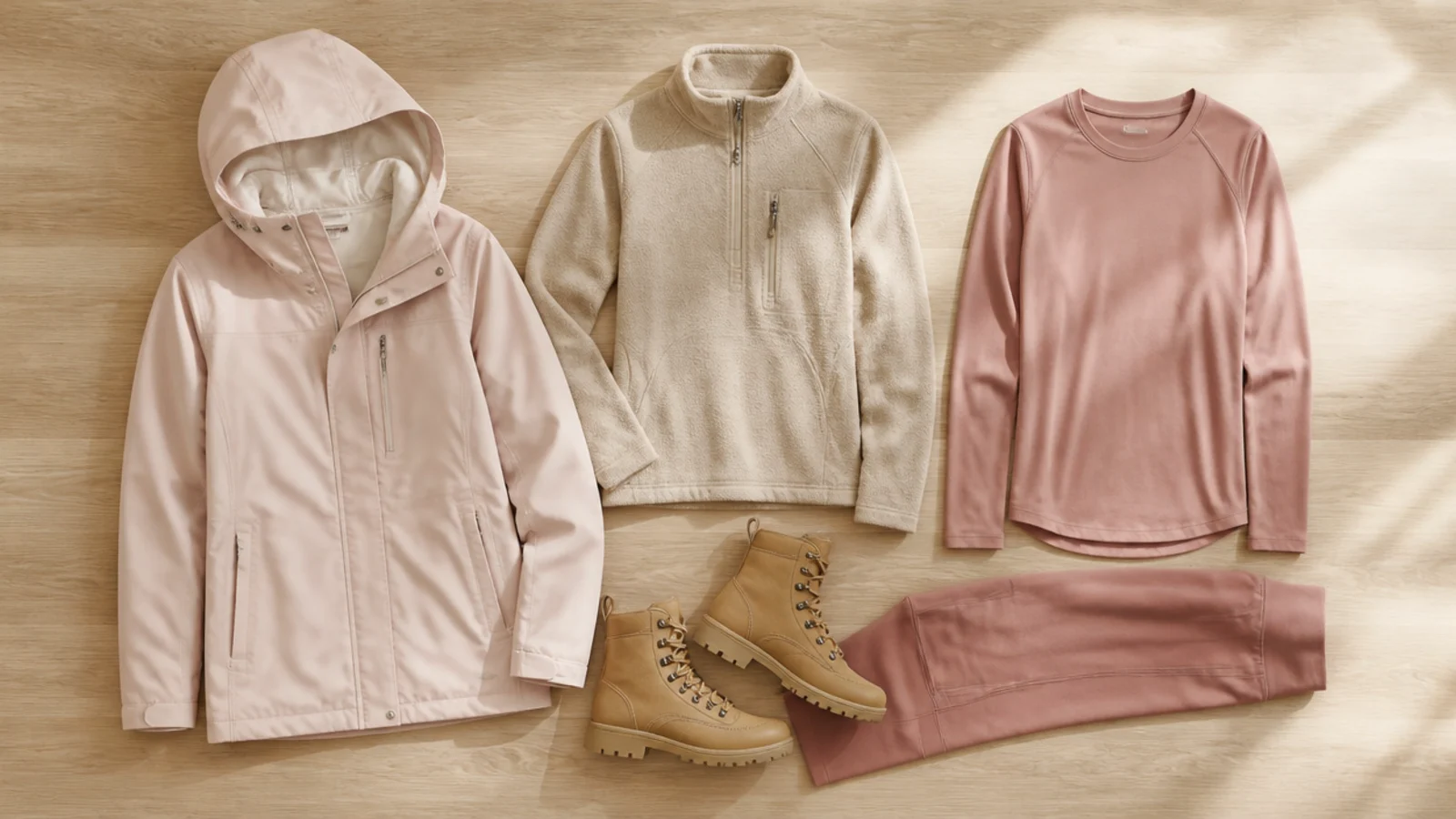 Faceless flat-lay of a waterproof shell, a wool-blend mid-layer, a smooth base layer and a lug-sole boot