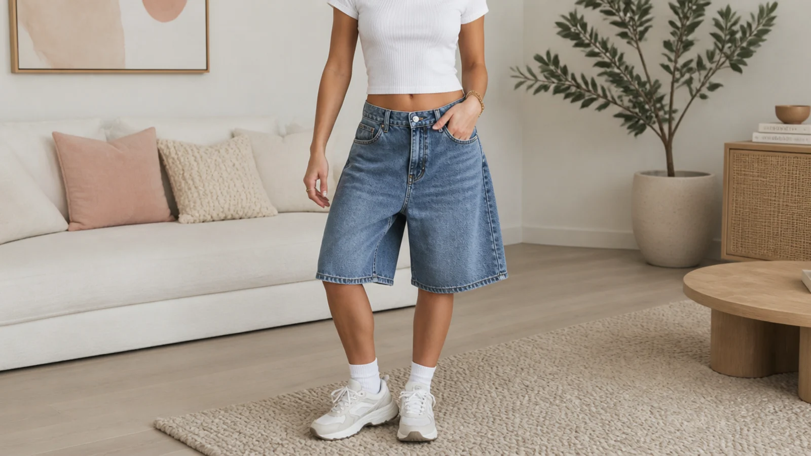 Faceless waist-up shot of a shrunken white ribbed baby tee tucked into baggy mid-rise denim jorts with chunky white sneakers