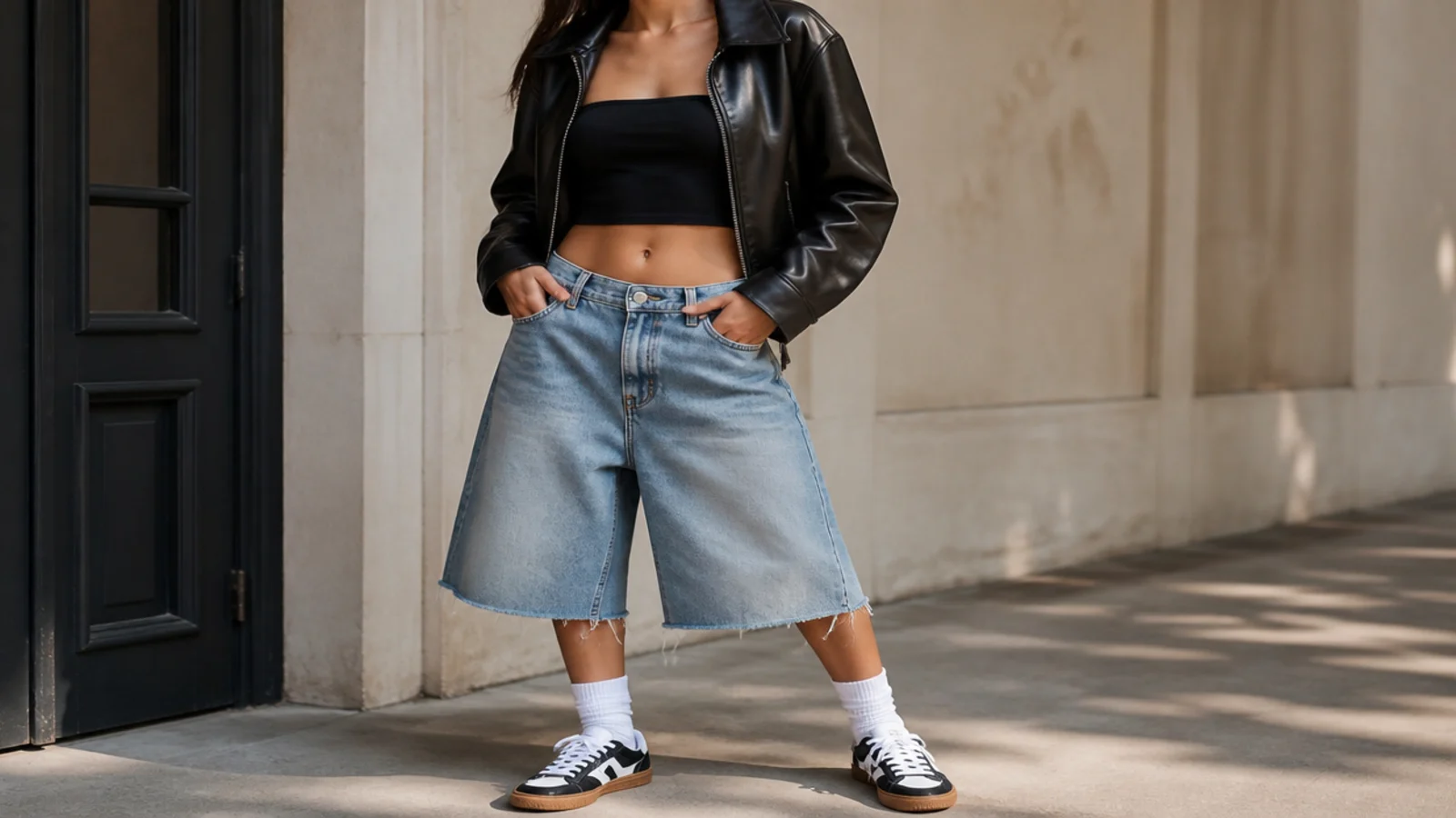 Faceless waist-up shot of a black bandeau top with baggy low-slung denim jorts and a cropped black leather jacket