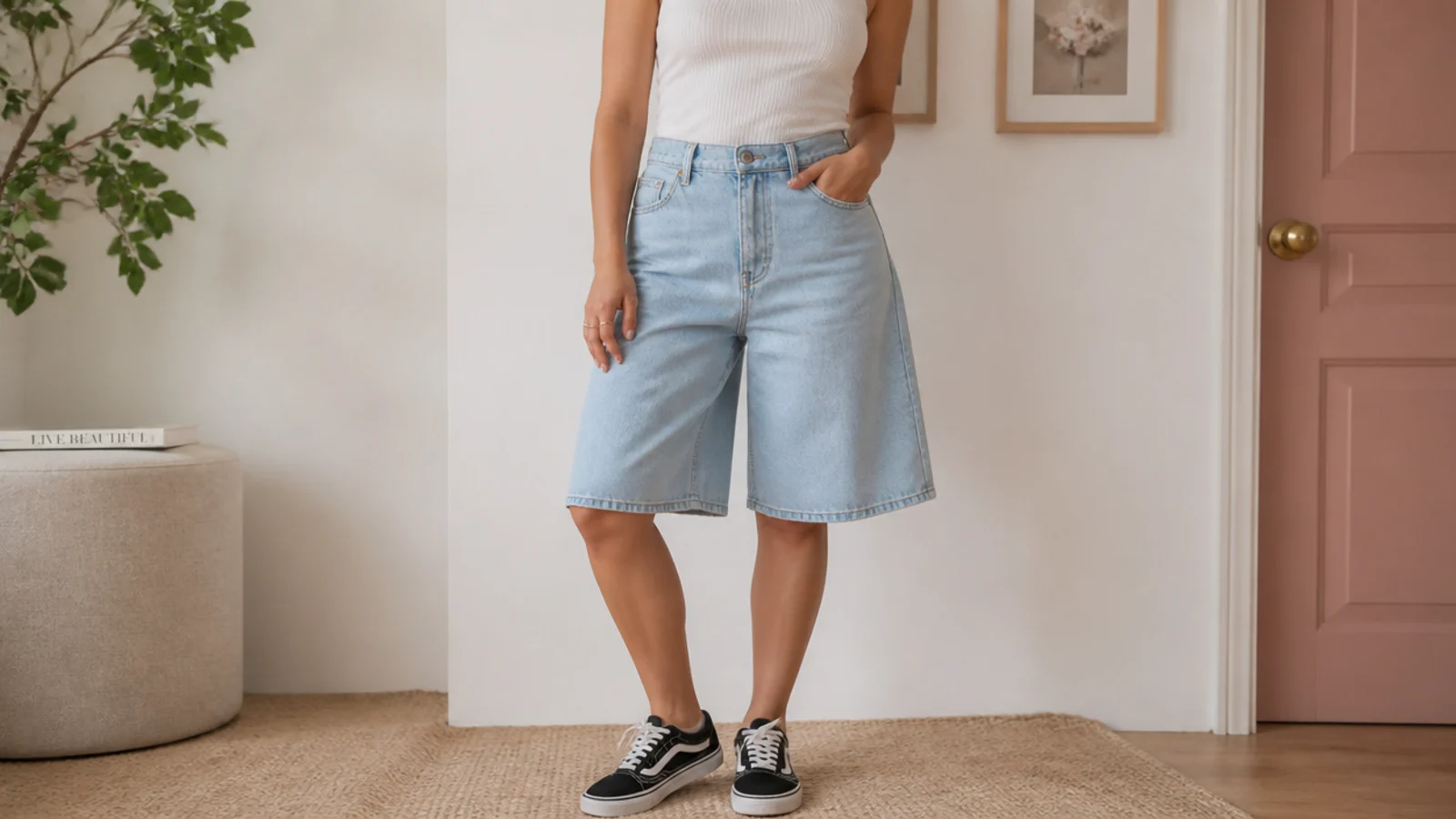 Faceless waist-up shot of a fitted white ribbed tank tucked into wide-leg light-wash denim jorts with black Vans