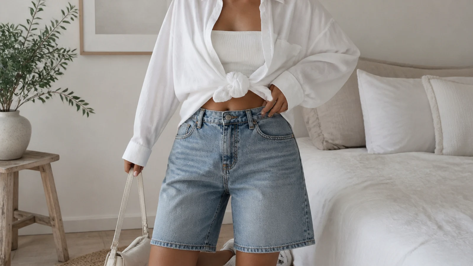 Faceless waist-up shot of an oversized white button-down shirt knotted over a bandeau with baggy mid-rise denim jorts