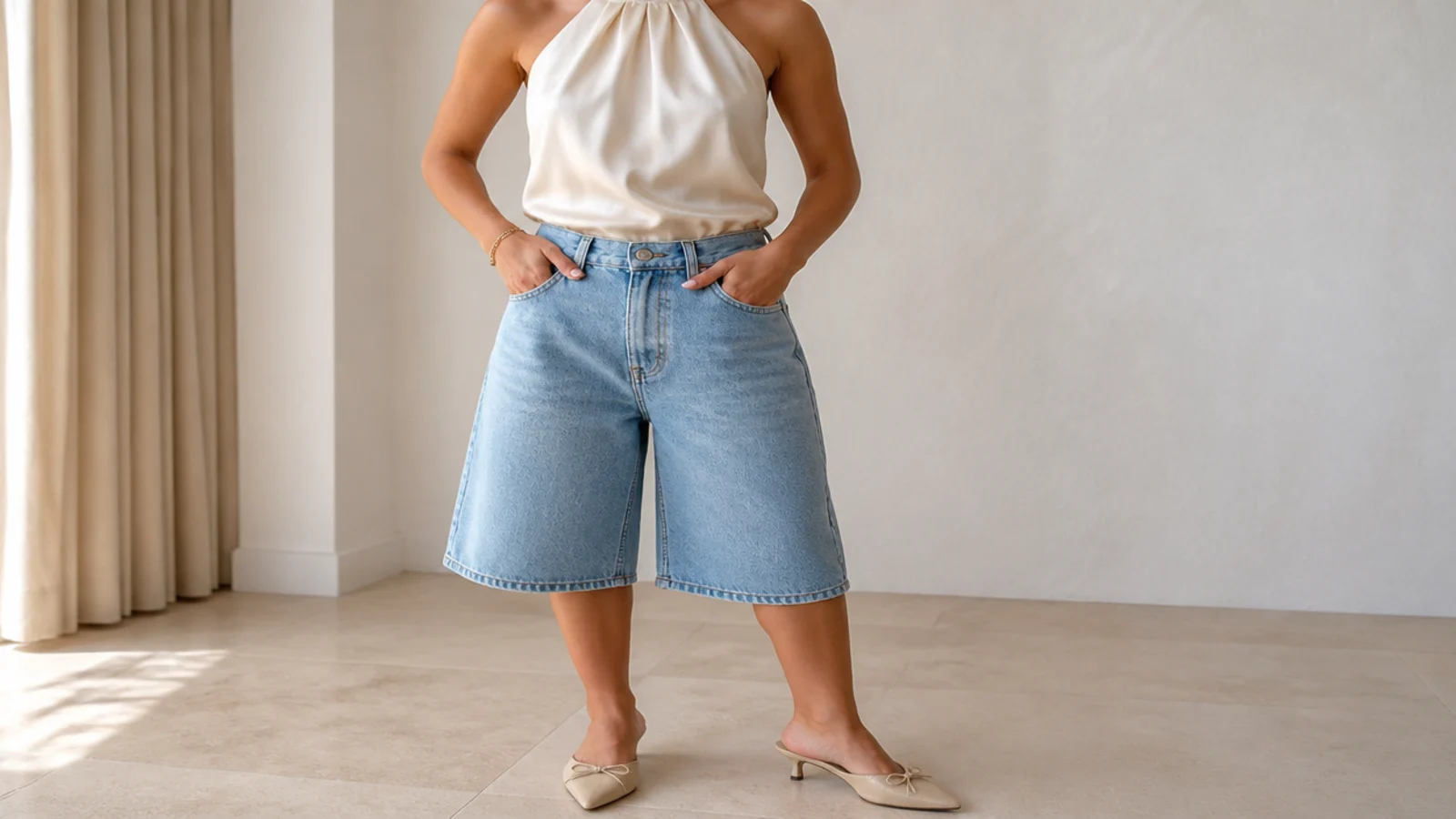 Faceless waist-up shot of a satin halter top tucked into mid-rise baggy denim jorts with pointed kitten-heel mules