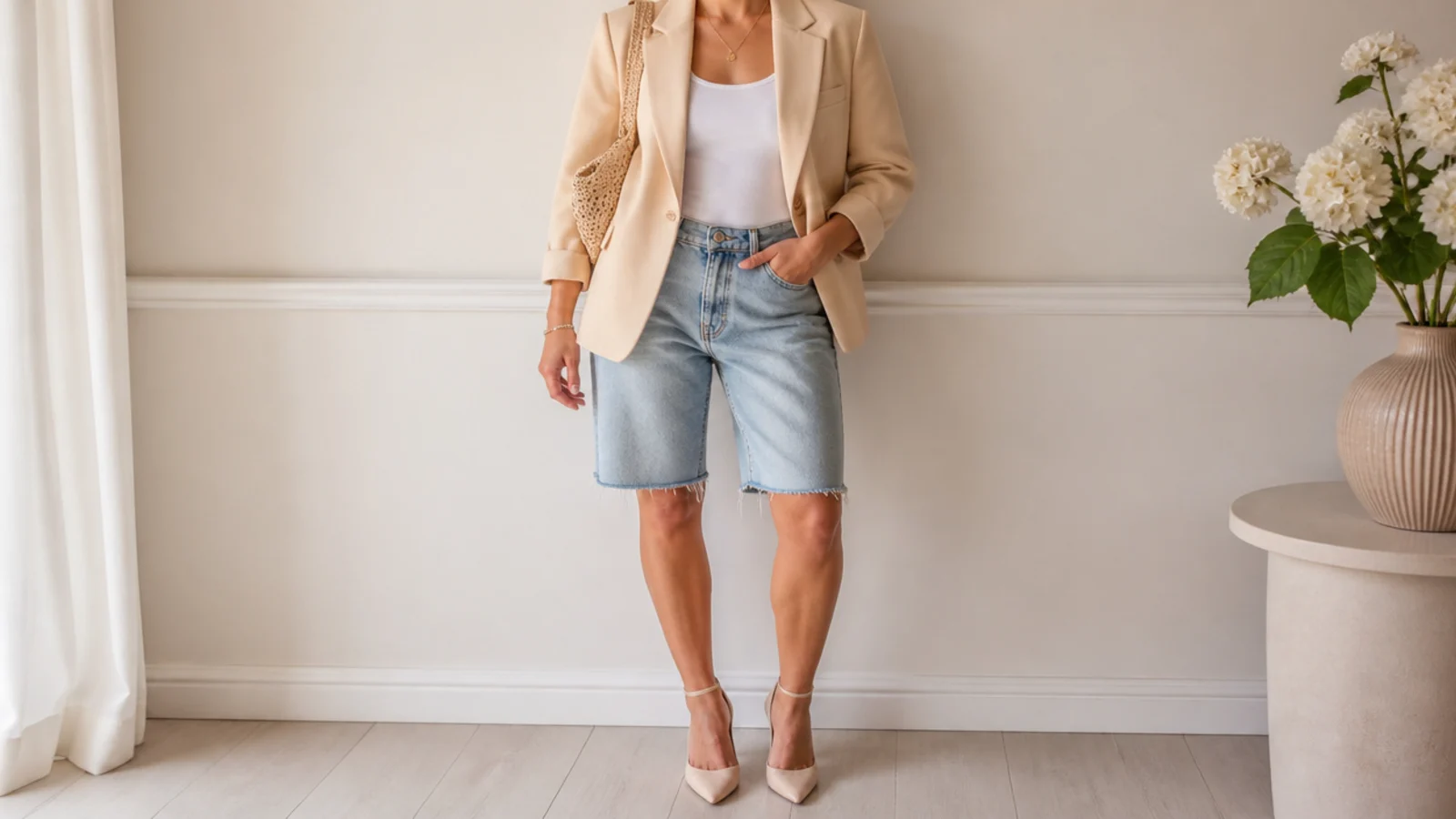 Faceless waist-up shot of a nude tailored blazer over a white tank with baggy mid-rise denim jorts and pointed heels