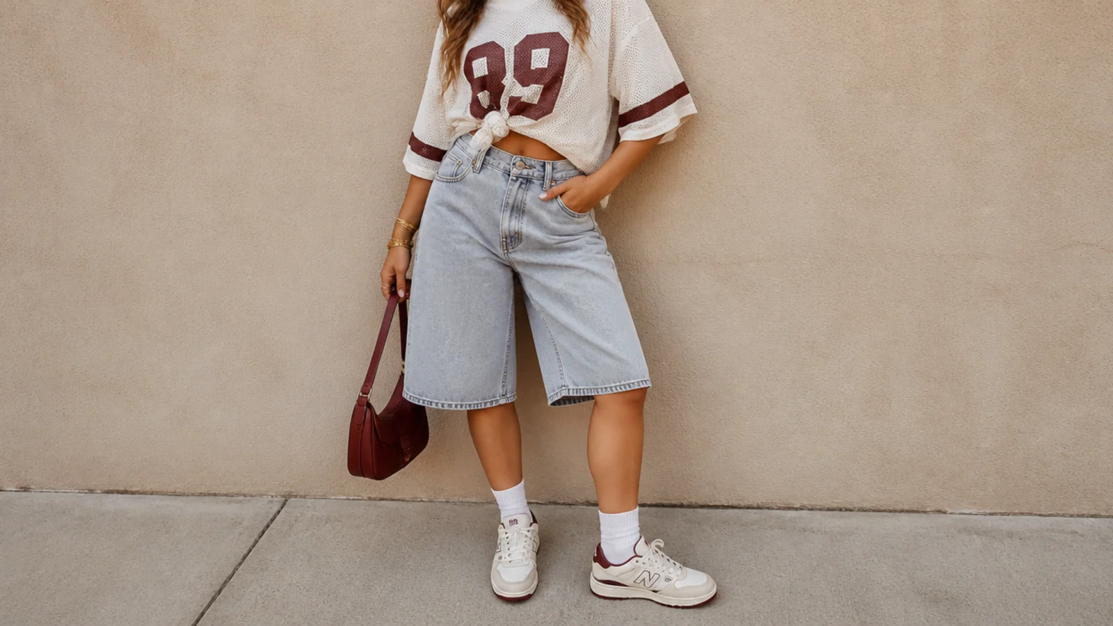 Faceless waist-up shot of an oversized mesh football jersey knotted over baggy denim jorts with New Balance 550 sneakers