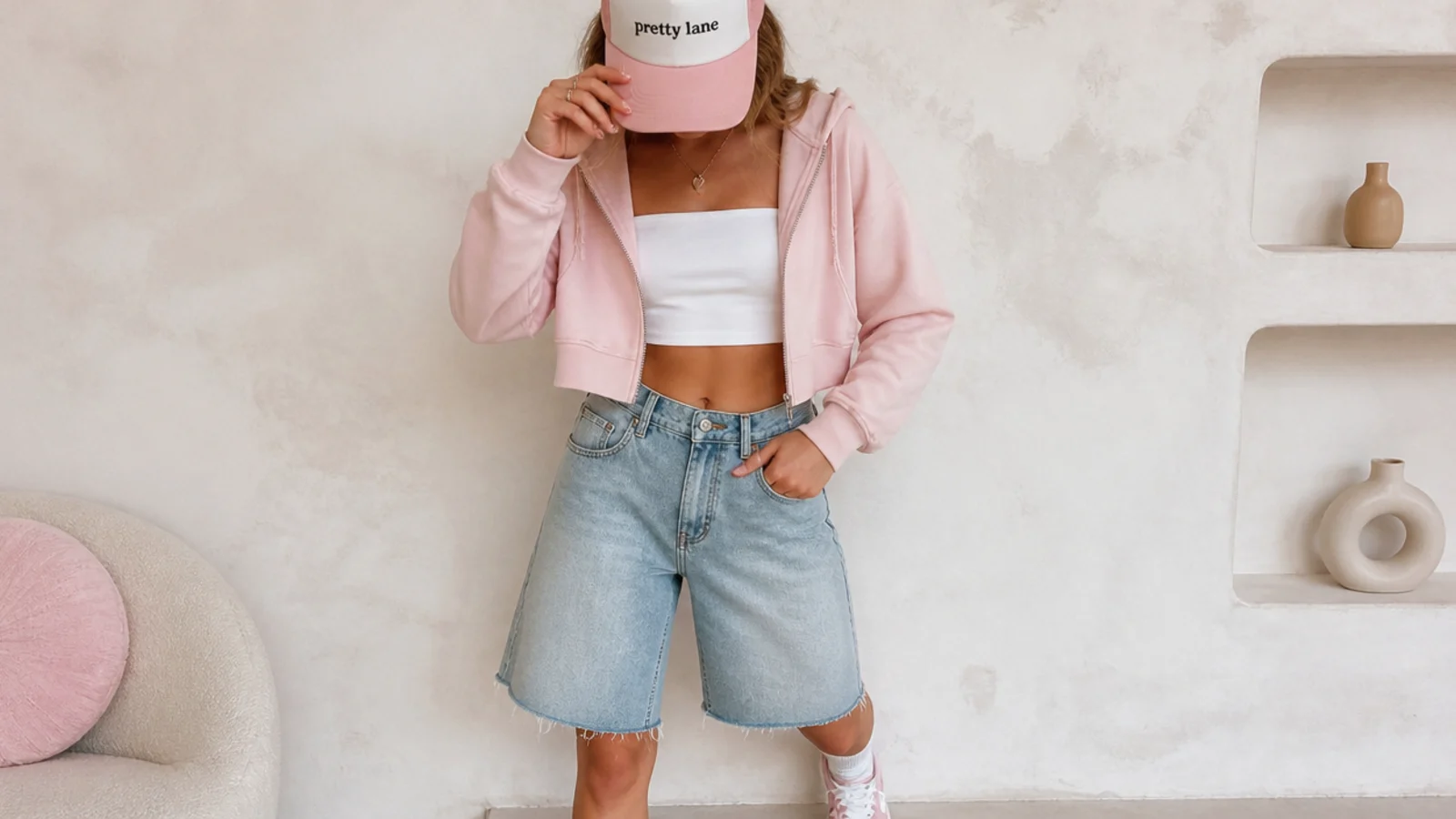 Faceless waist-up shot of a cropped zip-up hoodie over a bandeau with baggy denim jorts and a foam trucker hat