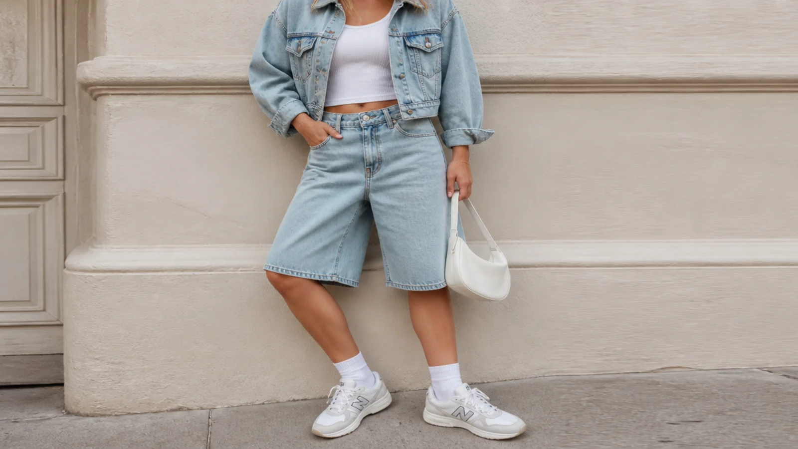 Faceless waist-up shot of a cropped light-wash denim jacket over a white tank with matching baggy denim jorts and sneakers