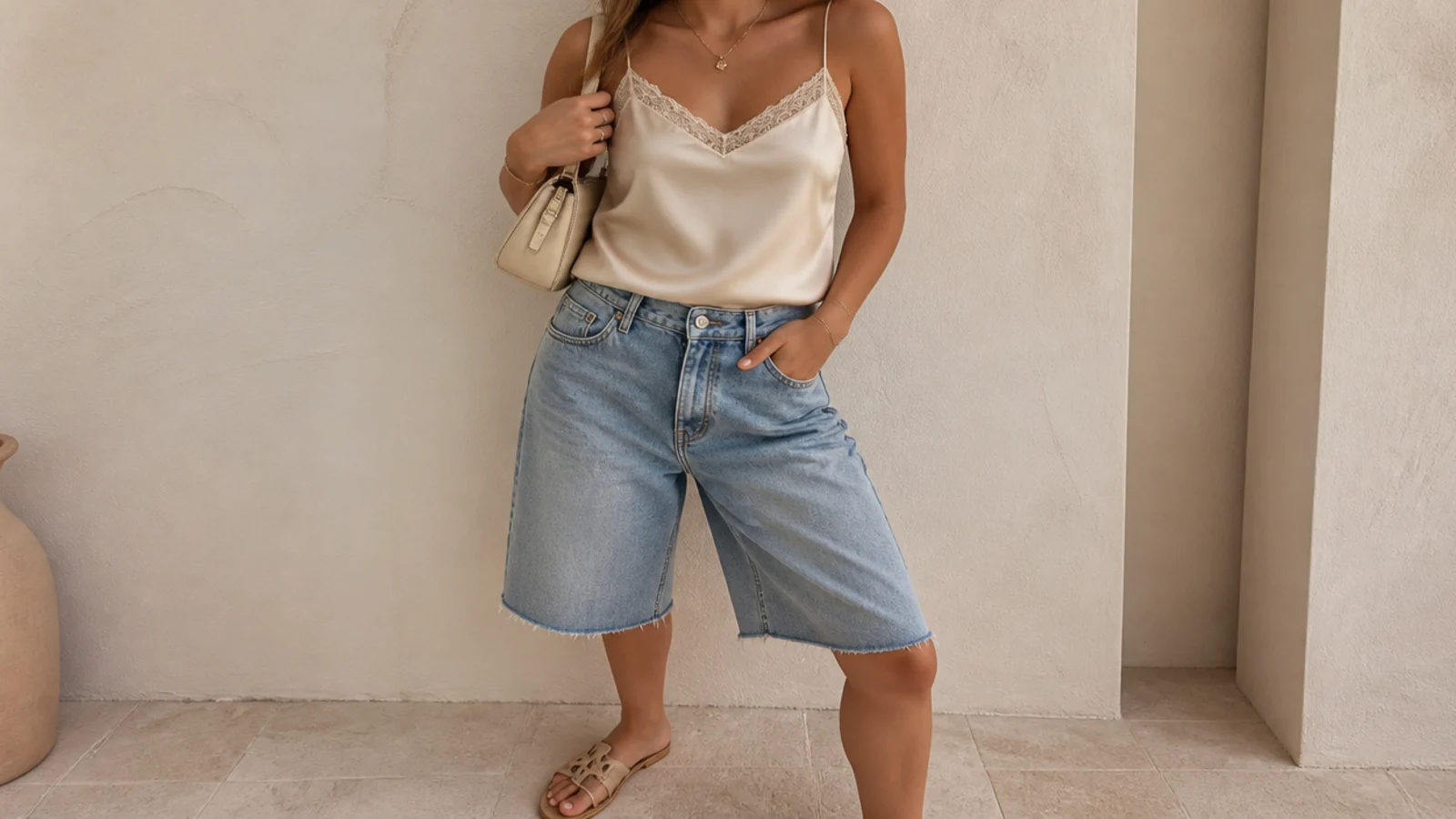 Faceless waist-up shot of a silky lace-trim cami tank tucked into baggy mid-rise denim jorts with a small baguette shoulder bag