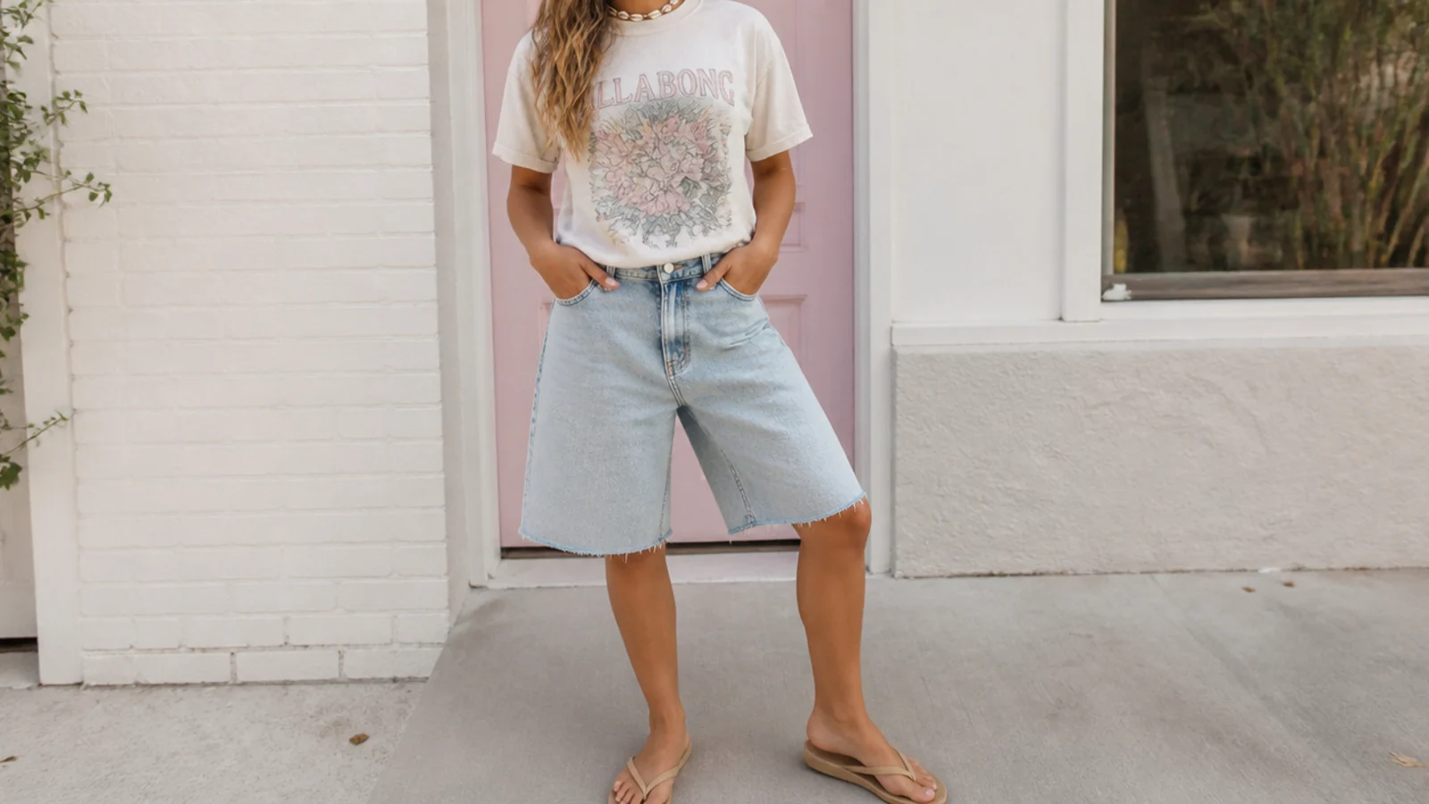 Faceless waist-up shot of a faded graphic baby tee with baggy light-wash denim jorts, a puka shell necklace and flip-flops