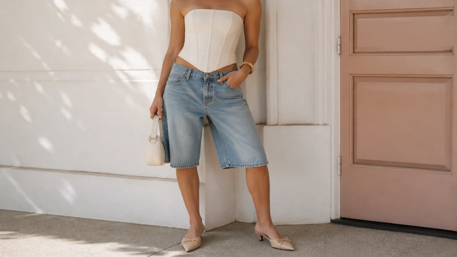 Faceless waist-up shot of a structured corset top with baggy mid-rise denim jorts and pointed-toe mules