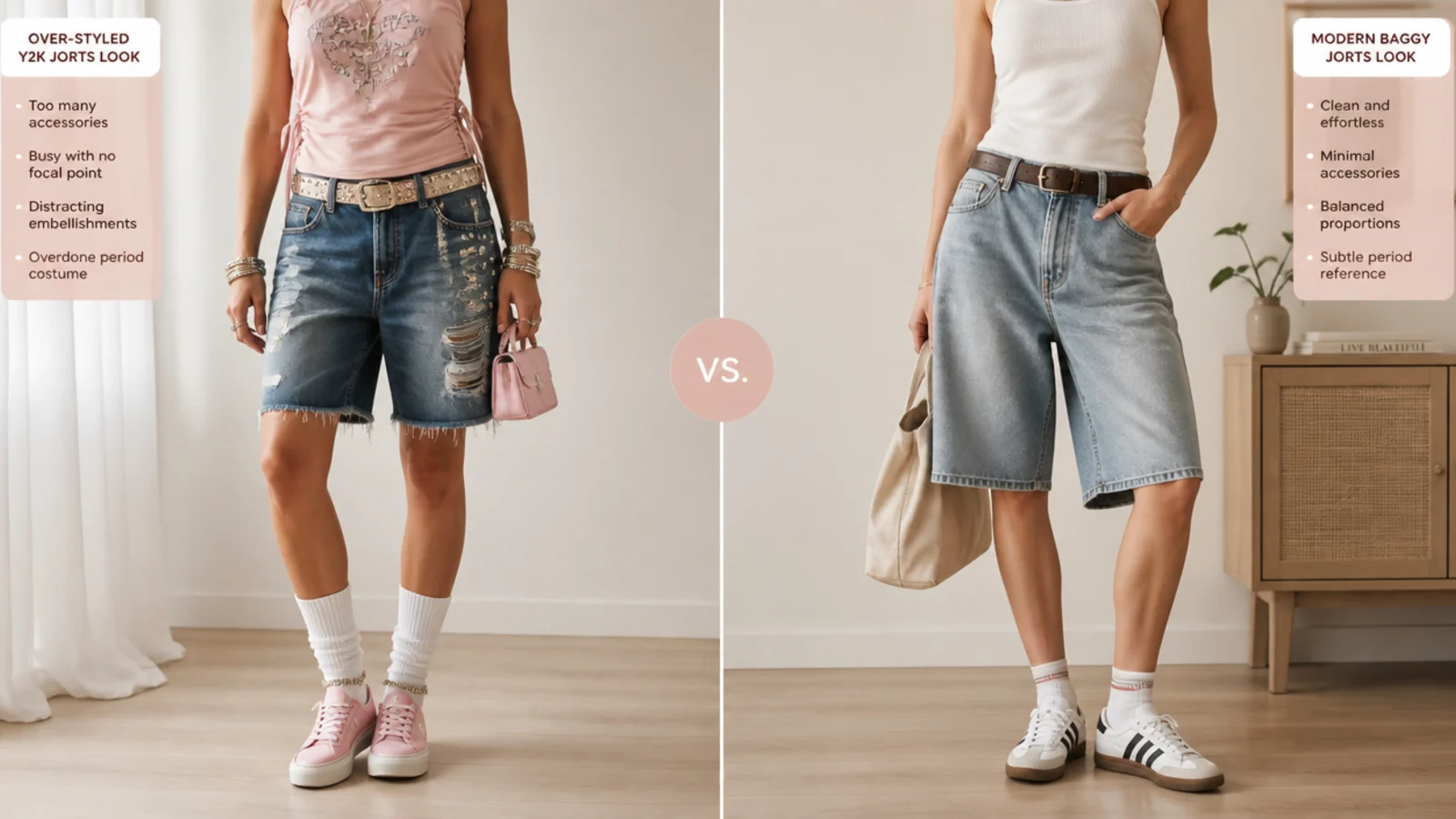Faceless comparison of an over-styled costume Y2K jorts look beside a modern baggy jorts outfit with one period reference