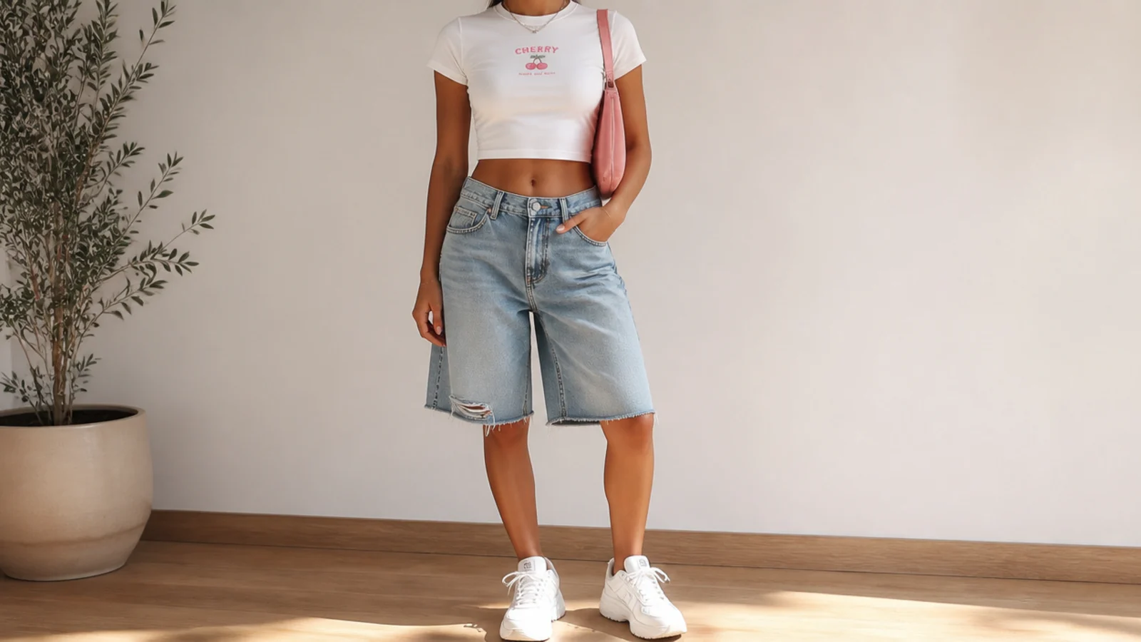 Faceless Y2K jorts outfit with a cropped baby tee, baggy denim jorts and chunky white sneakers