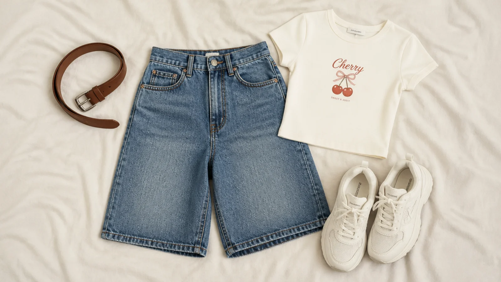 Faceless flat-lay of Y2K jorts styling pieces to keep: a baggy denim jort, a brown belt, a chunky white sneaker and a baby tee