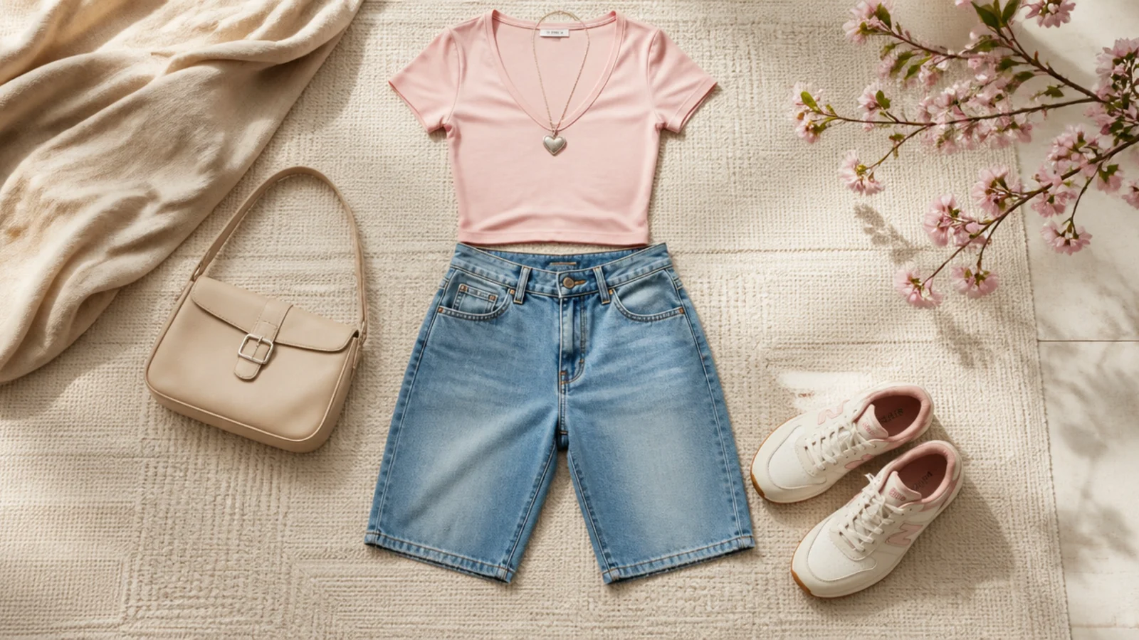 Faceless flat-lay of dated 2000s jorts details to skip: a very low-rise cut, heavy whiskered denim and rhinestone-covered pockets