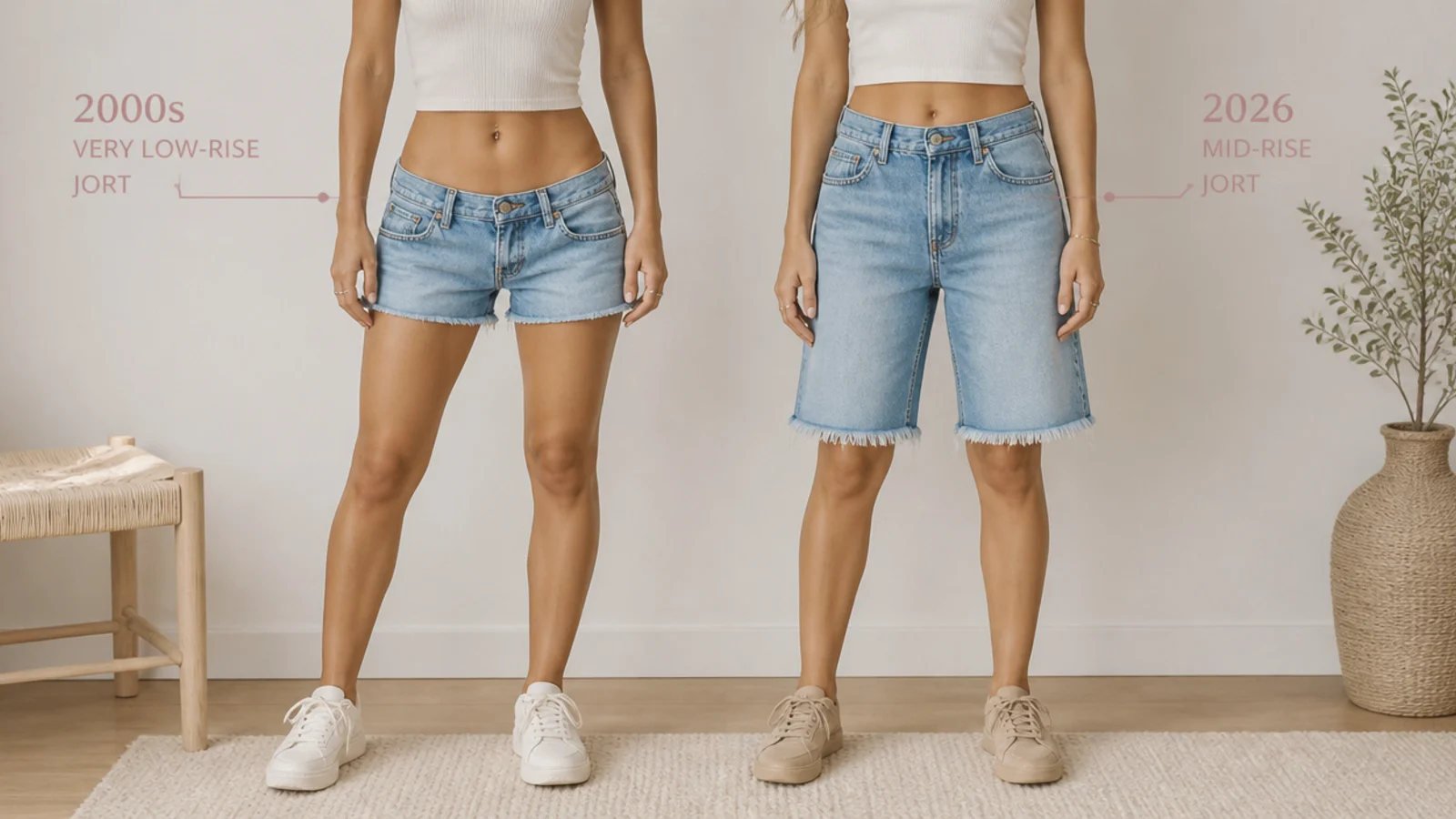 Faceless comparison of a very low-rise 2000s jort beside a mid-rise 2026 jort sitting on the hip bone