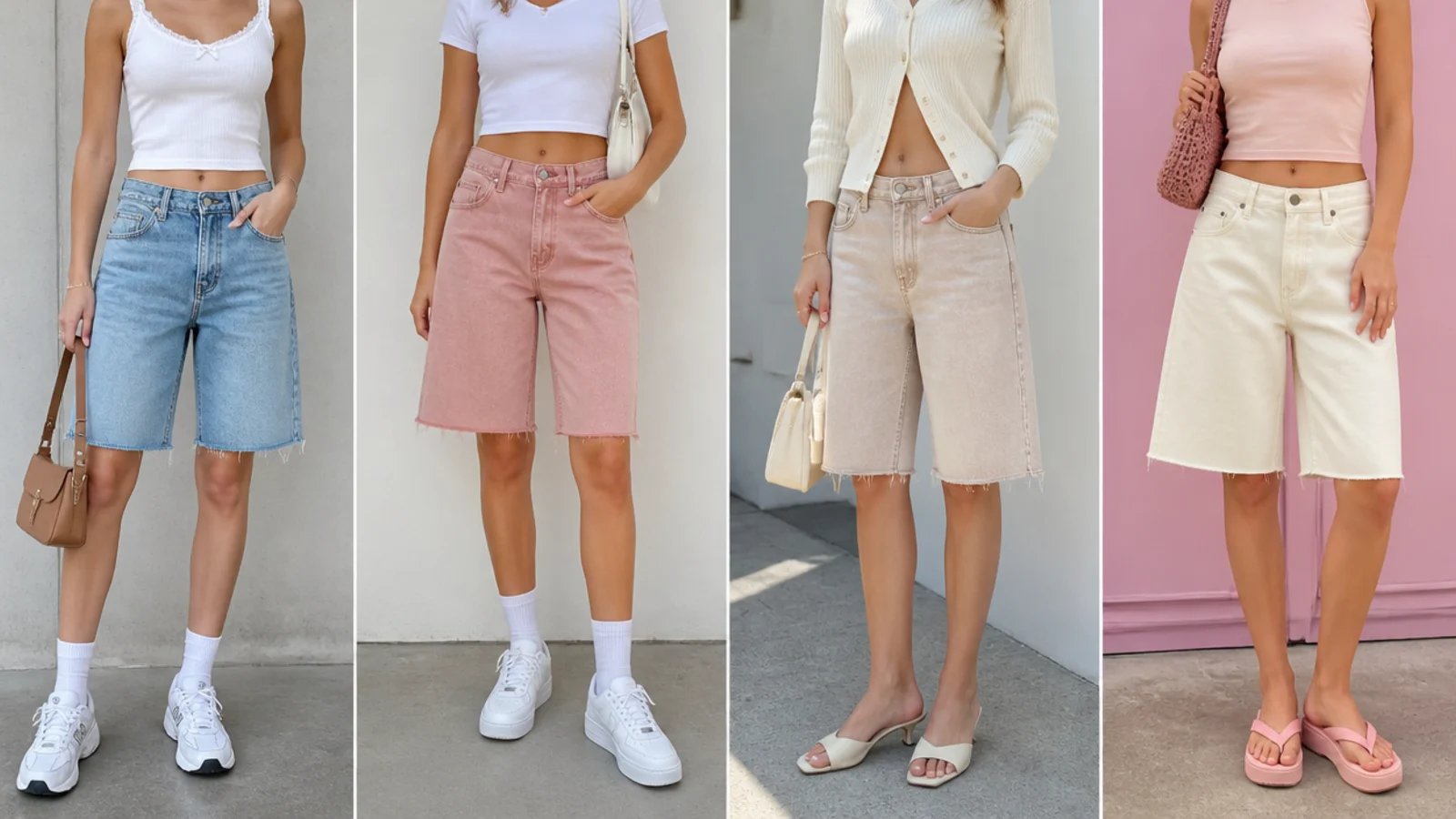 Faceless flat-lay of era-correct Y2K jorts shoes: chunky white sneakers, Air Force 1s, low kitten-heel mules and platform flip-flops